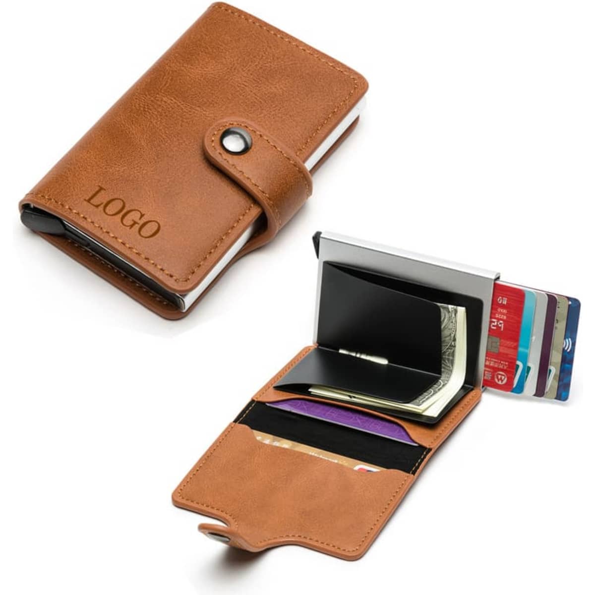 A brown PU leather mini wallet with a snap closure, featuring multiple card slots and a metal RFID shield.