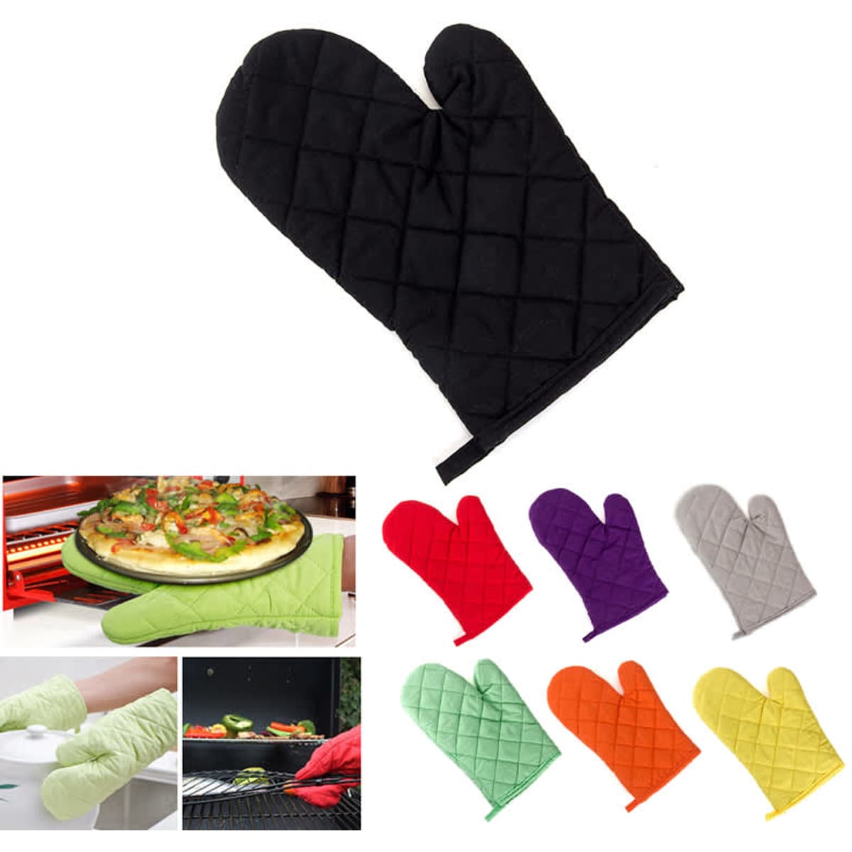 A pair of quilted oven mitts in various colours, including black, green, red, purple, yellow, and grey.