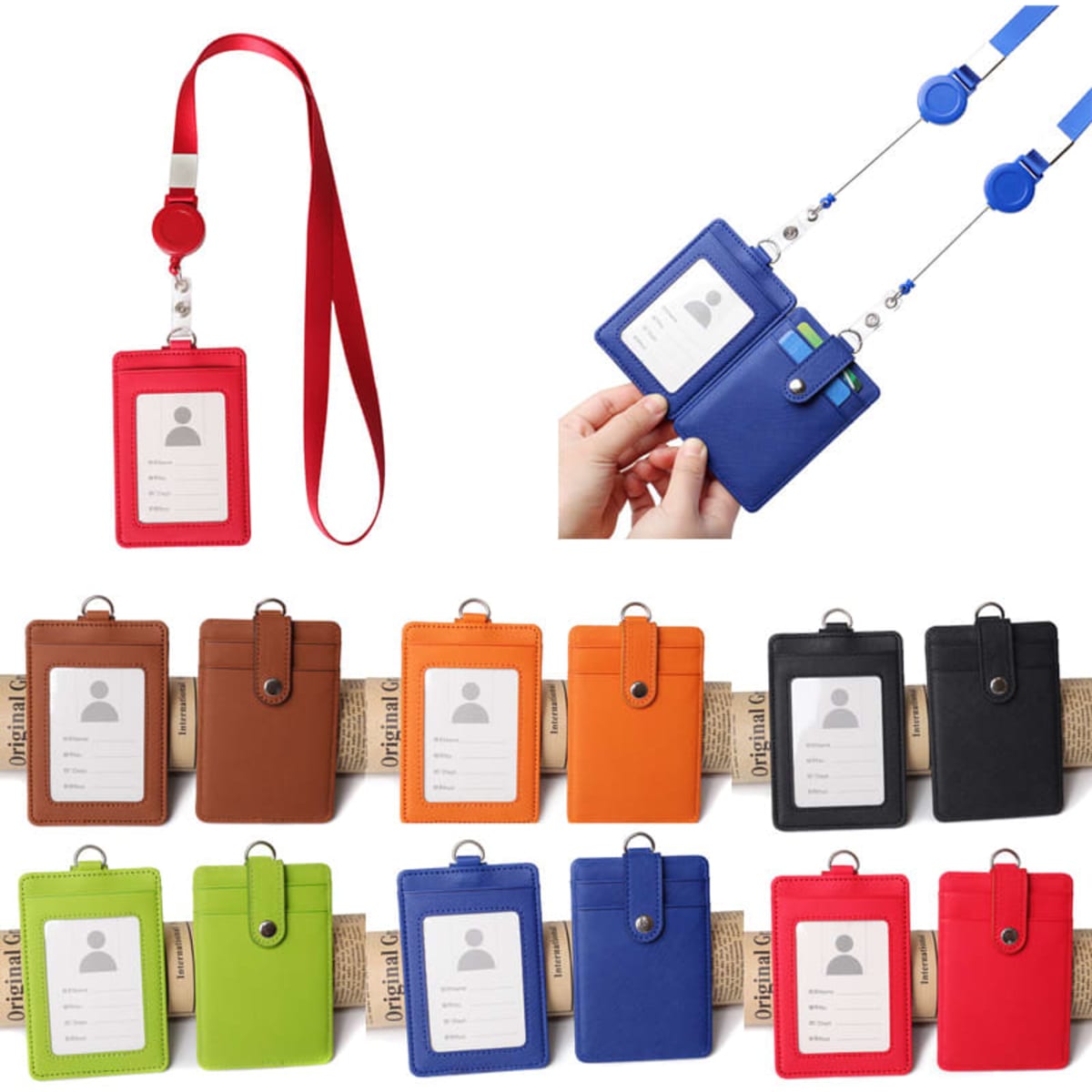 A variety of ID badge holders in different colours, featuring a retractable lanyard and a logo on each.