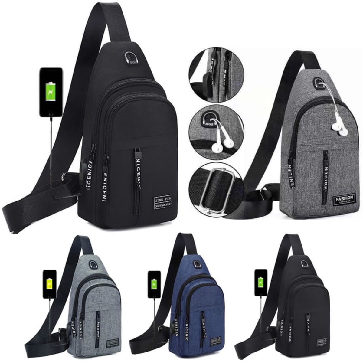 A small crossbody sling bag in black, grey, and navy, featuring a logo and an external charging port.