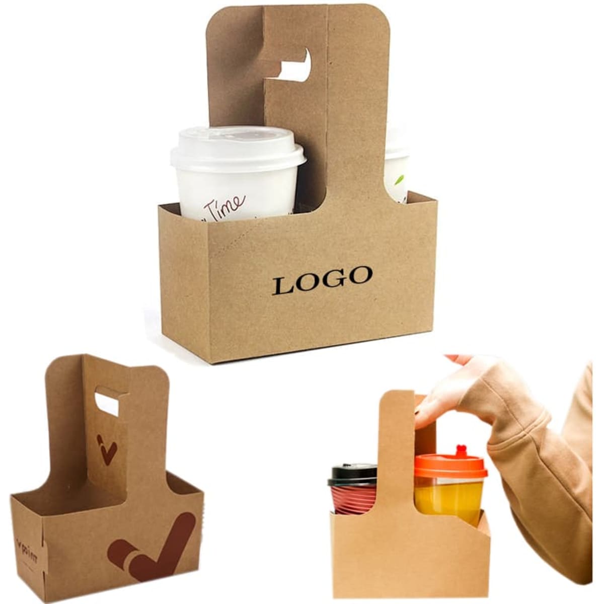 A drink carrier in brown cardboard featuring a handle, holding two takeaway cups, with a logo displayed.