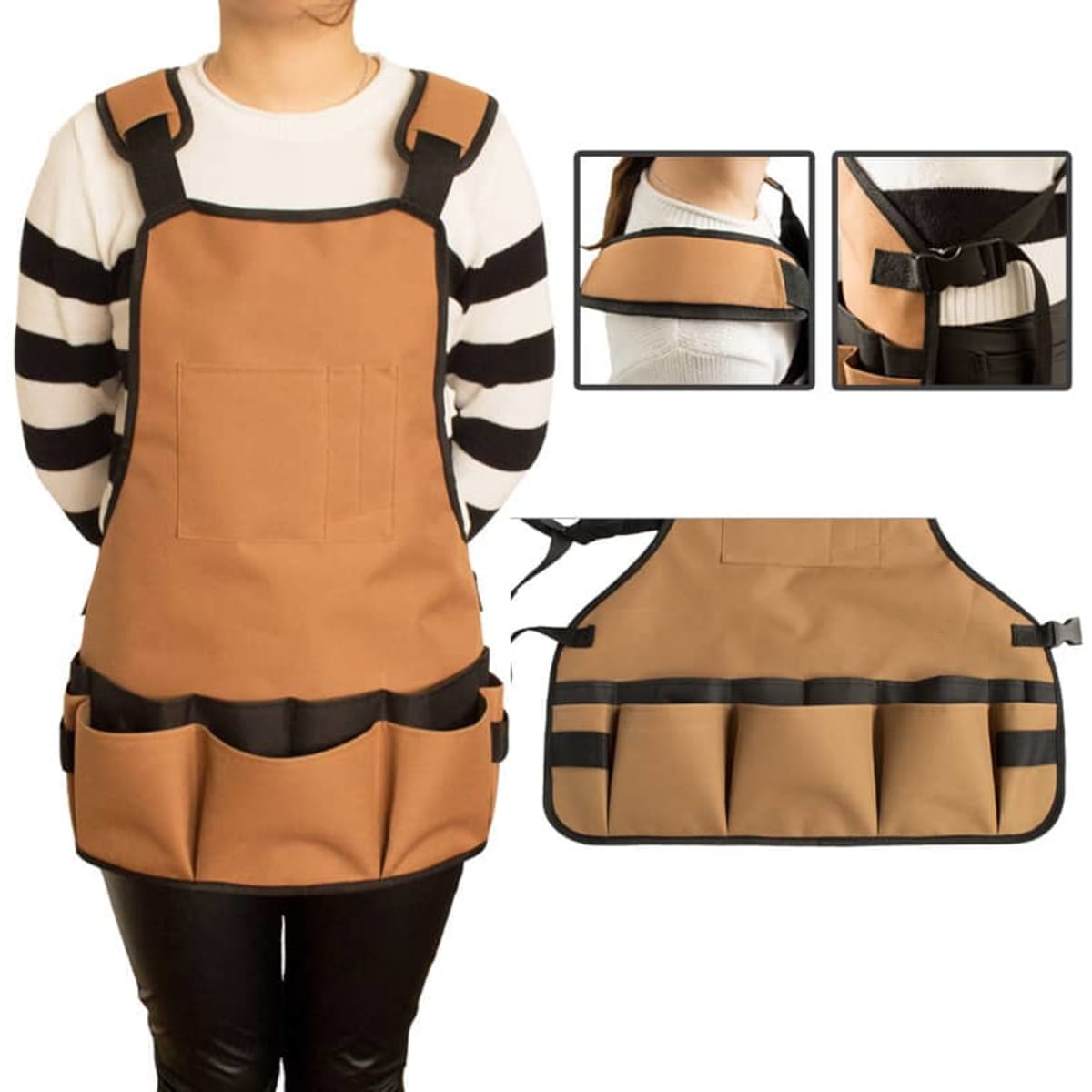 A gardening tool apron in brown with multiple pockets and adjustable straps, worn by a person.