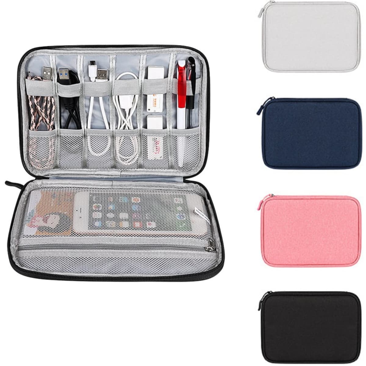 A multi-function travel electronics organiser in various colours, featuring compartments for cables, chargers, and a phone.