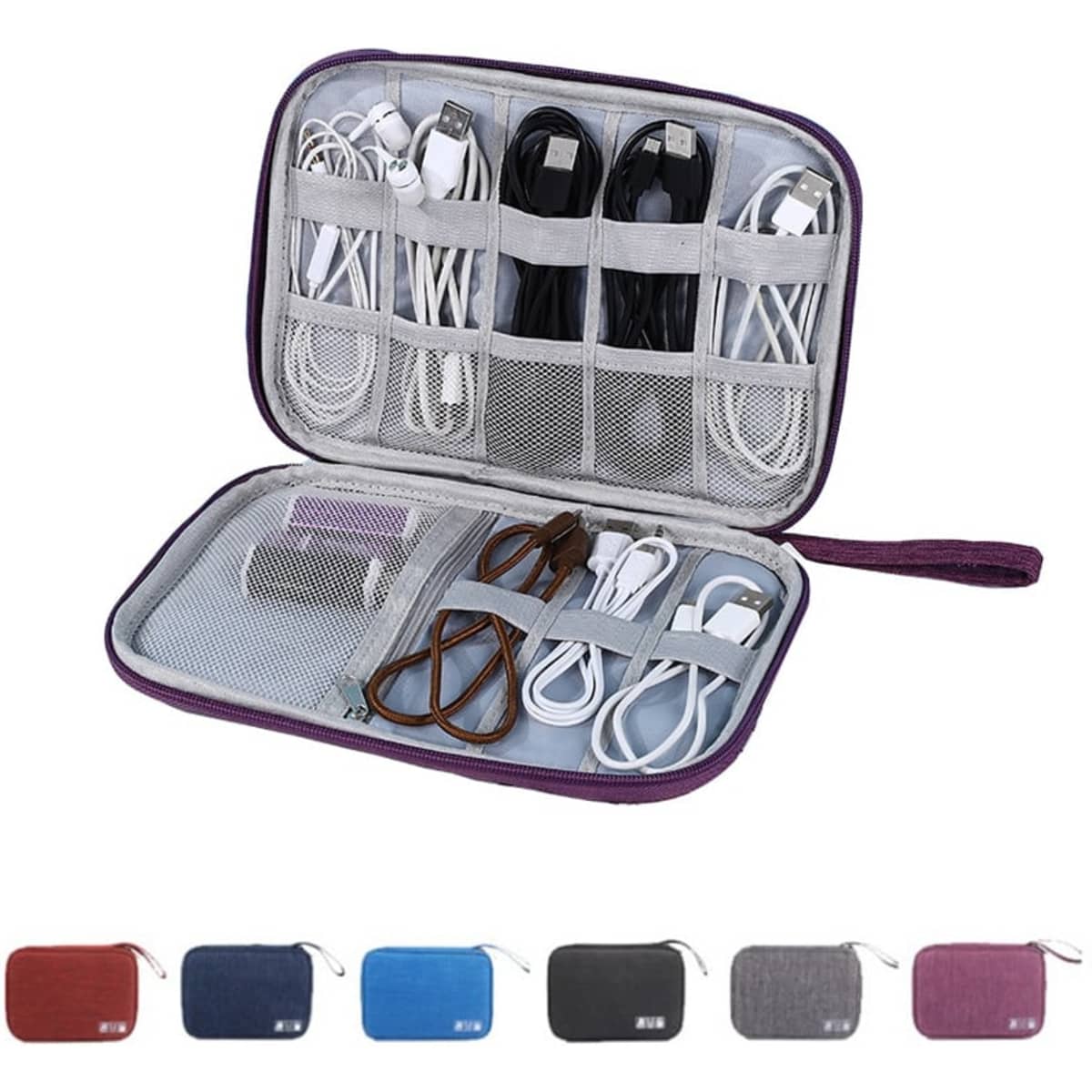 A purple cable cord organiser bag with various compartments holds multiple cables and chargers. Also available in six other colours.
