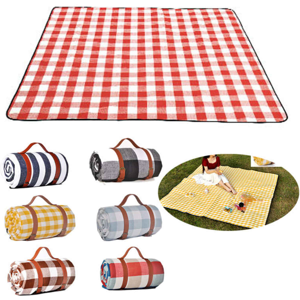 A red and white checked picnic blanket, rolled in various patterns and colours, with a logo present.