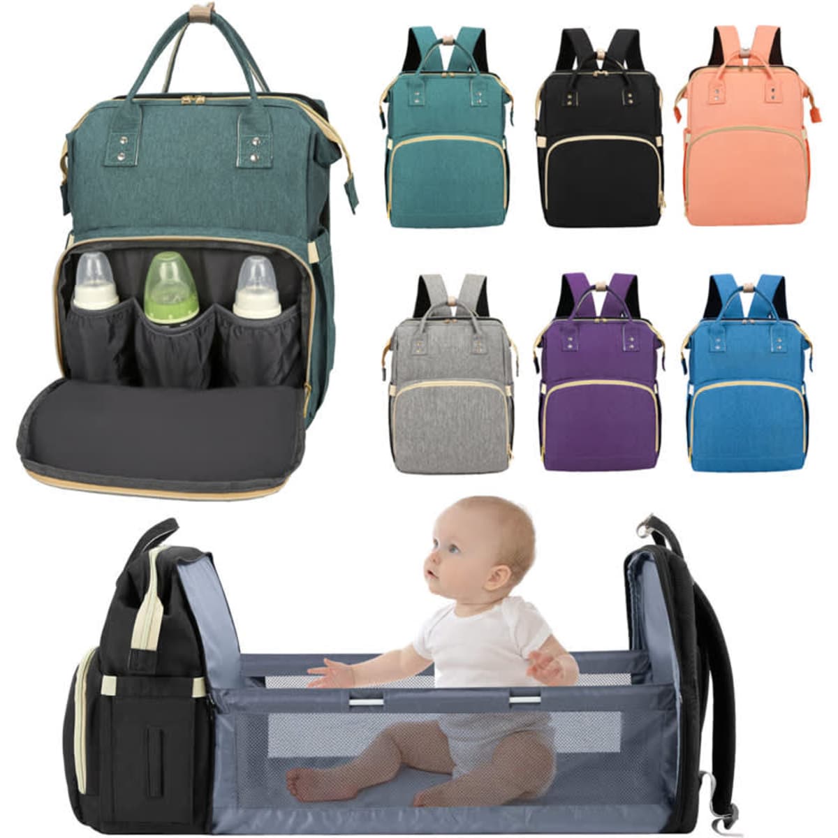 A variety of baby travel diaper backpacks in teal, grey, purple, and orange with space for bottles and a mesh compartment.