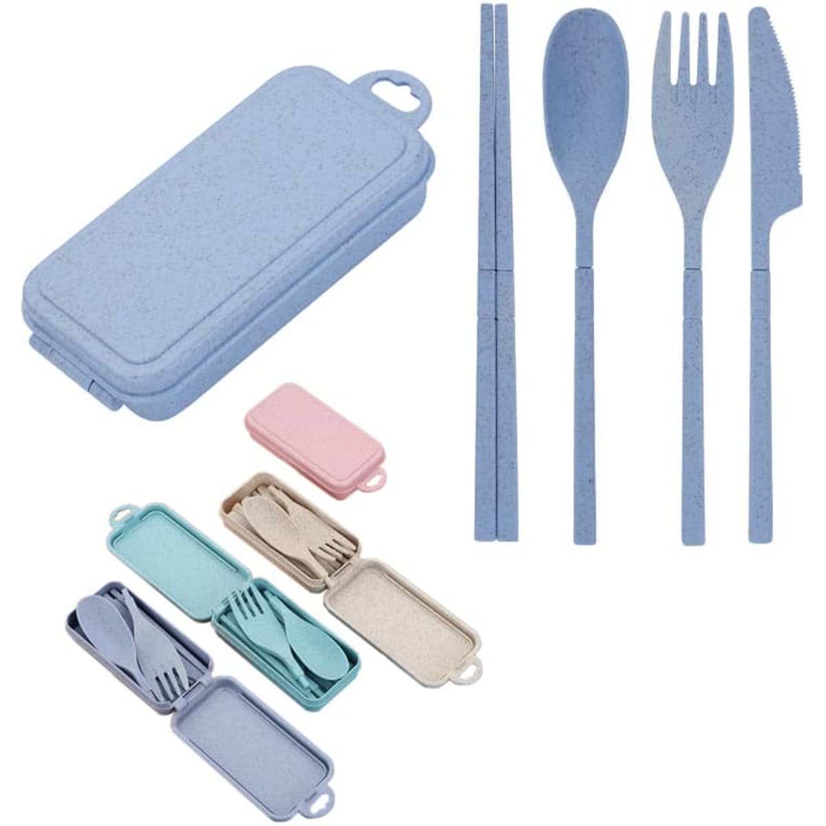 A blue 4 in 1 travel camping cutlery set, including a knife, fork, spoon, and chopsticks, with storage cases in pastel colours.