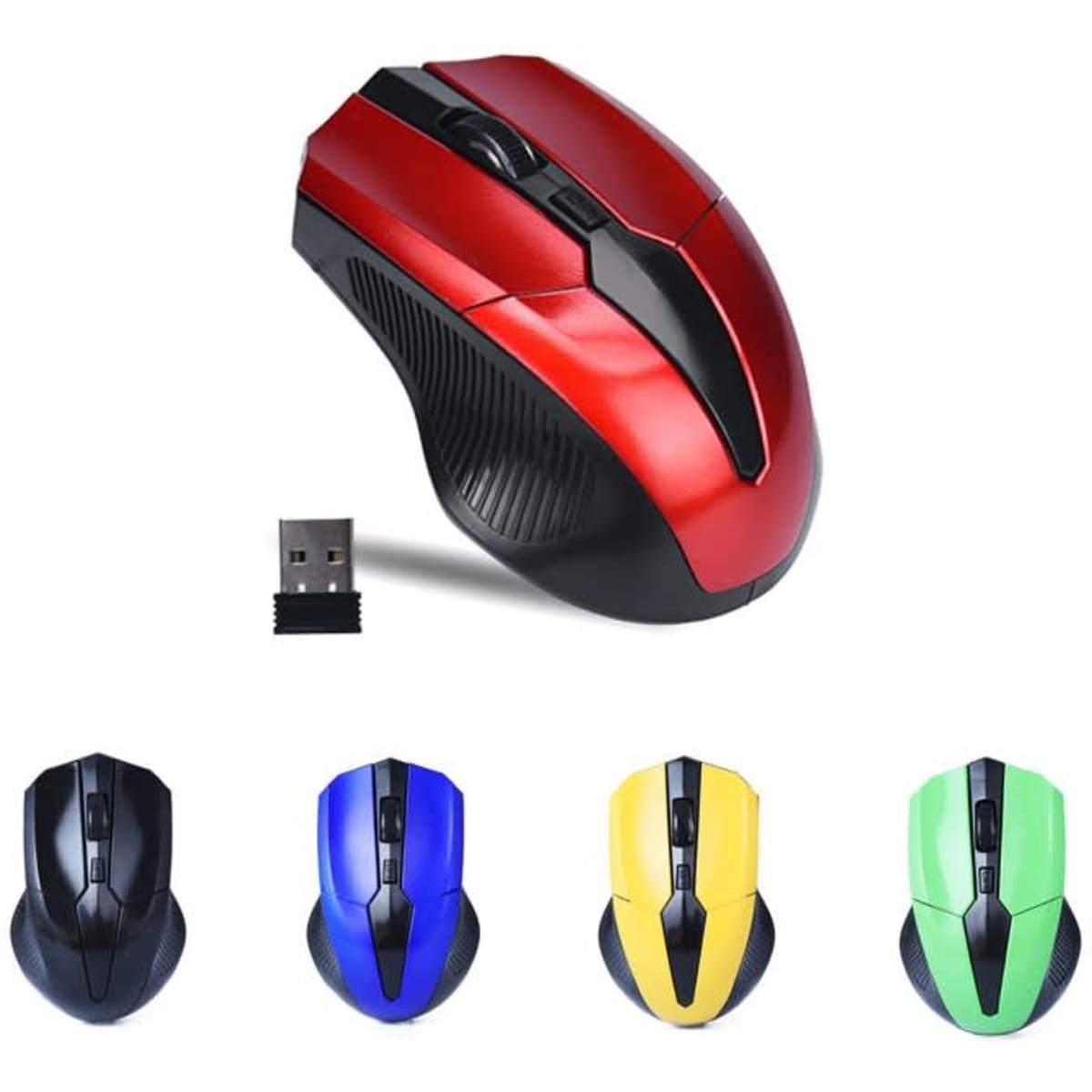 A 2.4GHz wireless mouse in red with a USB receiver, alongside models in black, blue, yellow, and green.