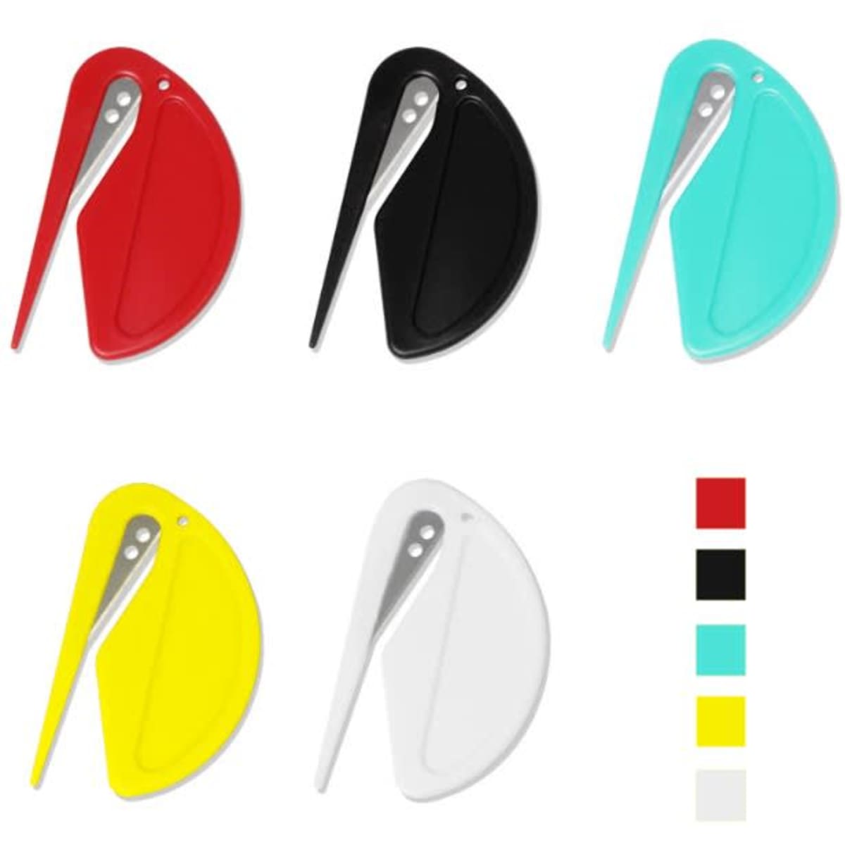 A set of mini letter openers in red, black, turquoise, yellow, and white, featuring a metallic blade and a logo.