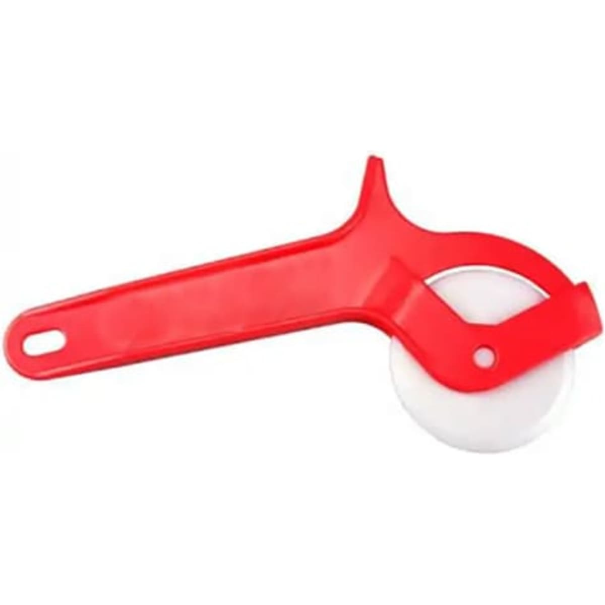 A red plastic roller pizza cutter with a white cutting wheel and a handle for easy use.