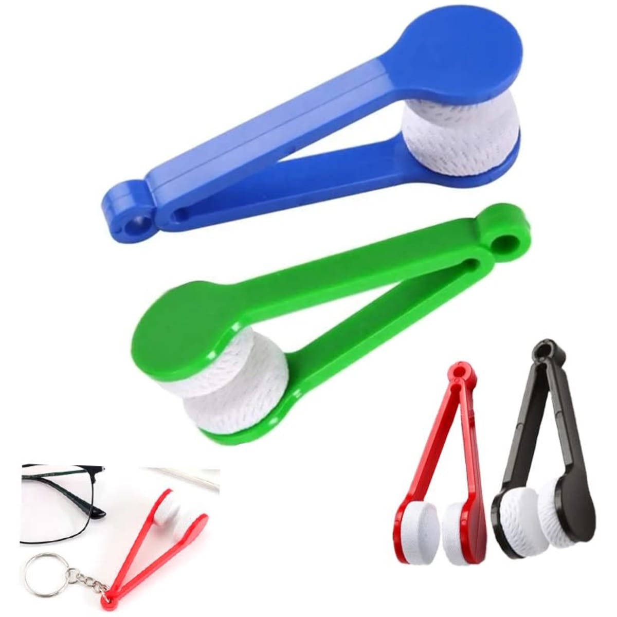 A portable glasses cleaner brush in blue, green, red, and black, featuring a keychain attachment and a logo.