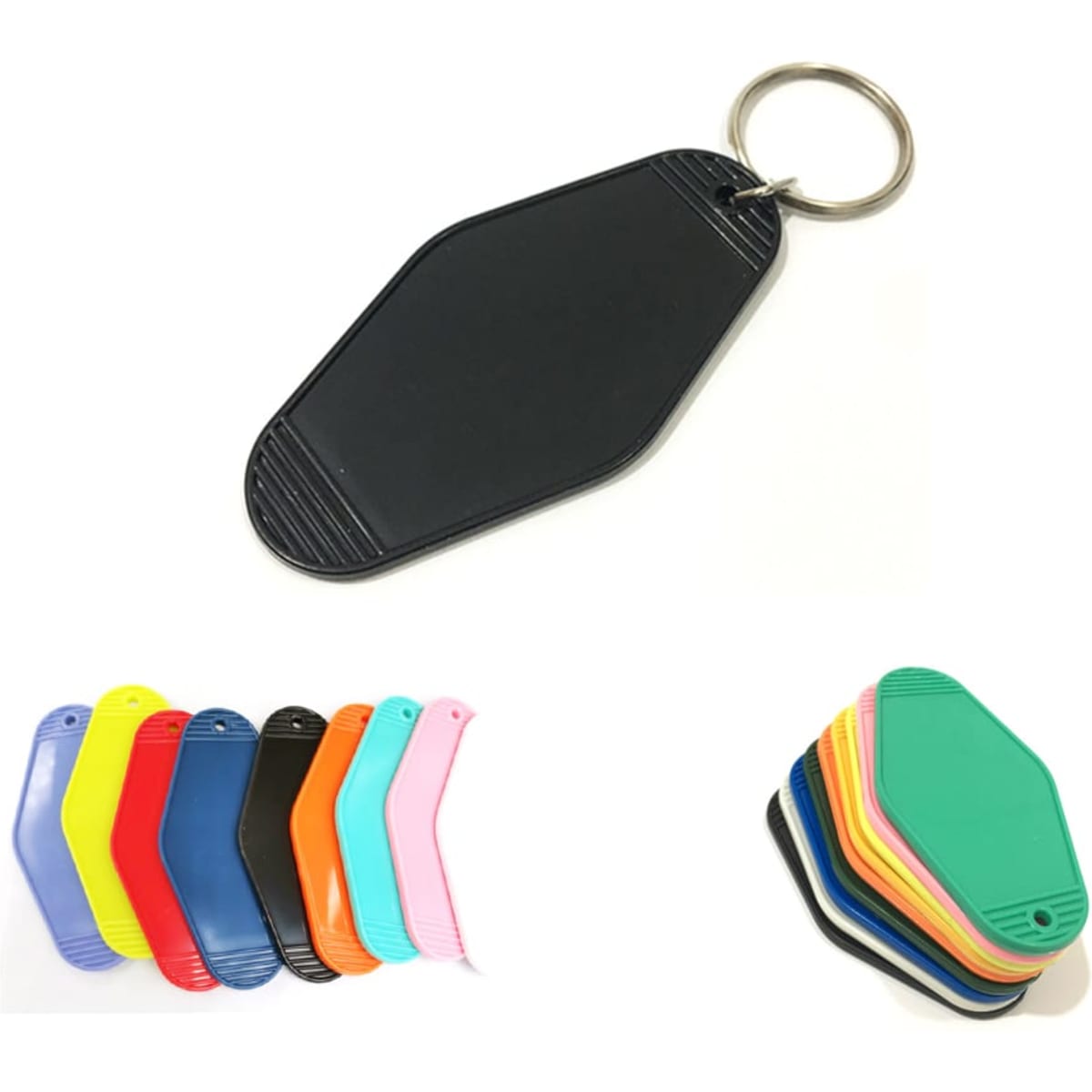 A set of colourful motel key rings in various shades, including red, blue, yellow, pink, green, and black with a metal ring.