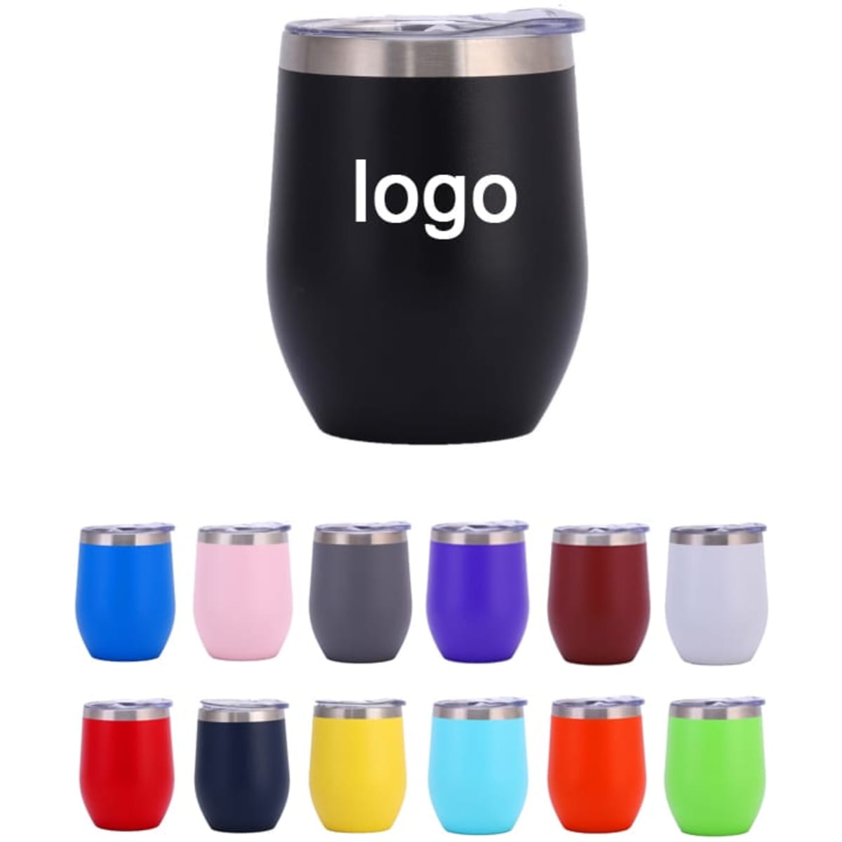 A double wall stainless steel vacuum wine cup in various colours, featuring a logo on the black model.