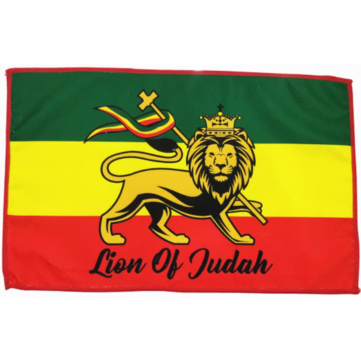 A microfiber rally towel featuring a Lion of Judah design on a background of green, yellow, and red stripes.