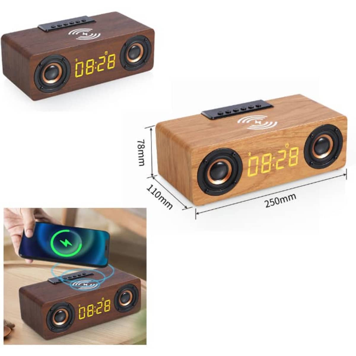 A wooden wireless charger with a speaker and alarm clock, featuring dual speakers and an LED display.