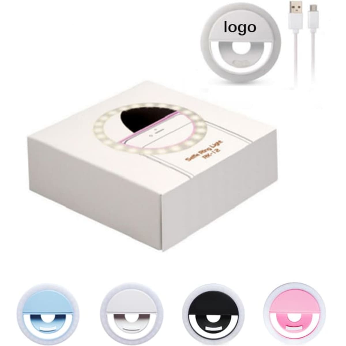 A self-portrait ring light in white, with a USB cable and a box, available in blue, pink, and black options.