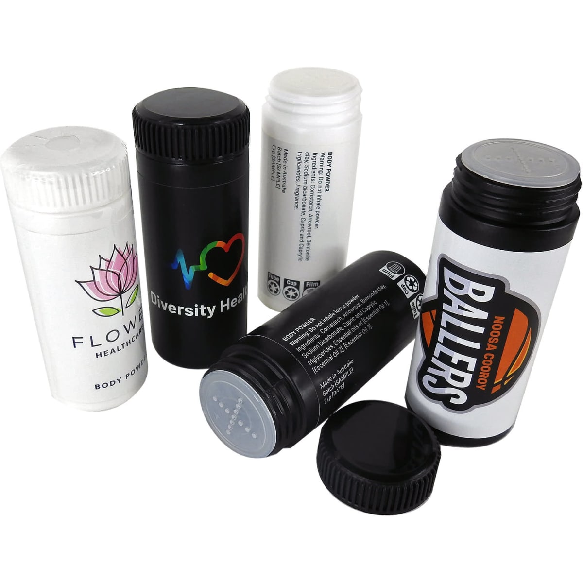 Five cylindrical containers of body powder in black, white, and grey, featuring various logos and designs.