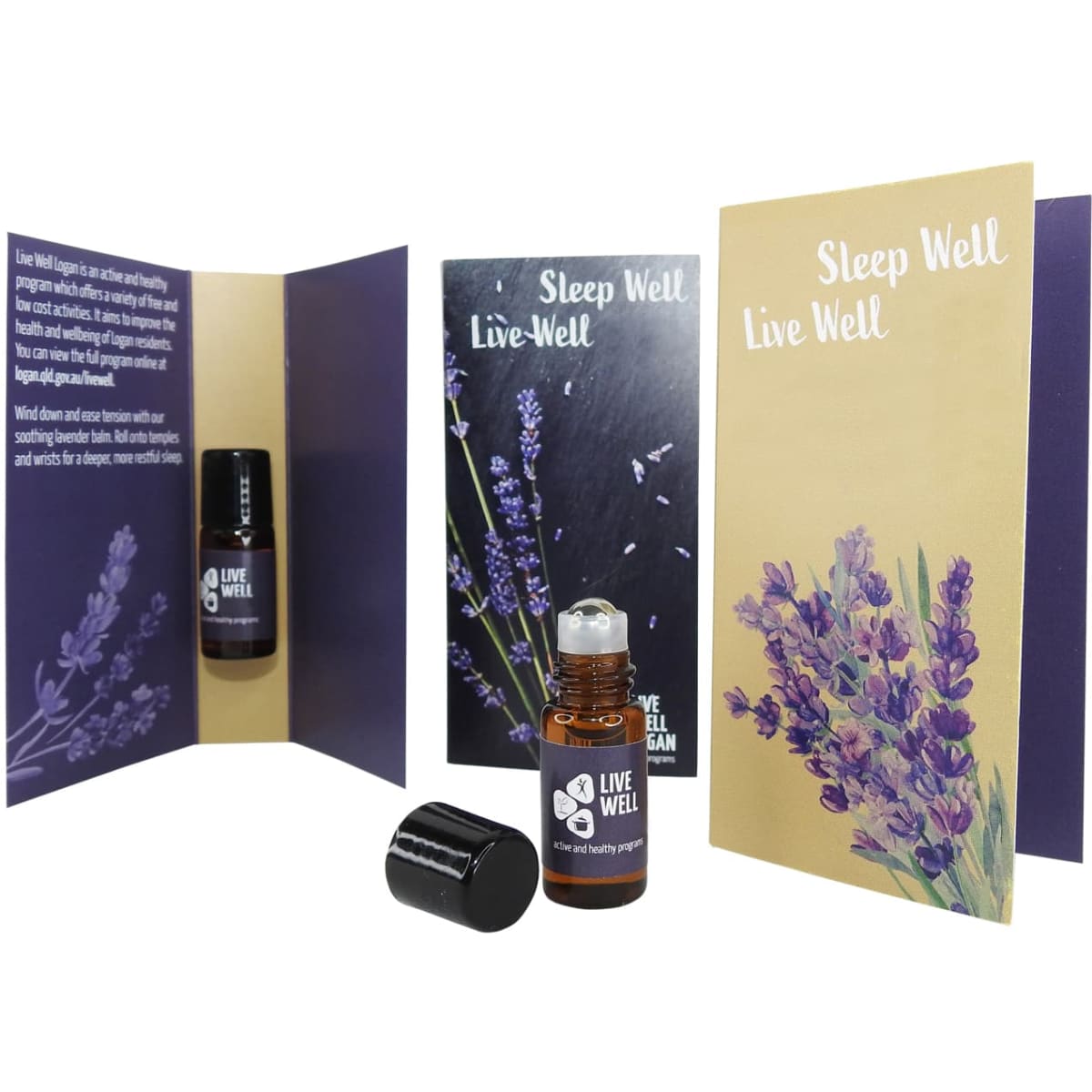 Essential oil roll-on in a gift card display featuring purple and yellow tones, with lavender imagery and a logo.