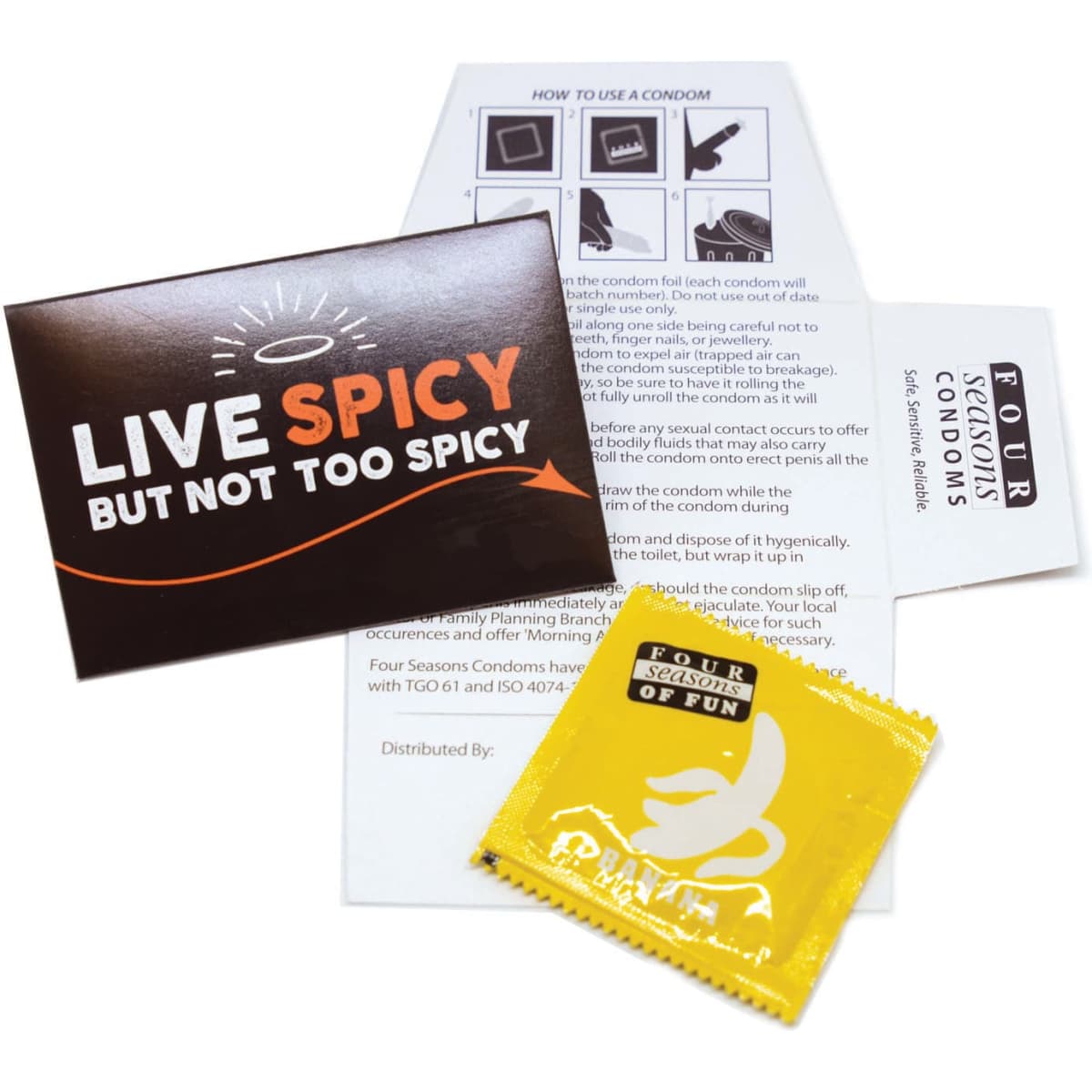 A yellow condom packet with a promotional card featuring a logo. The card provides instructions for use.