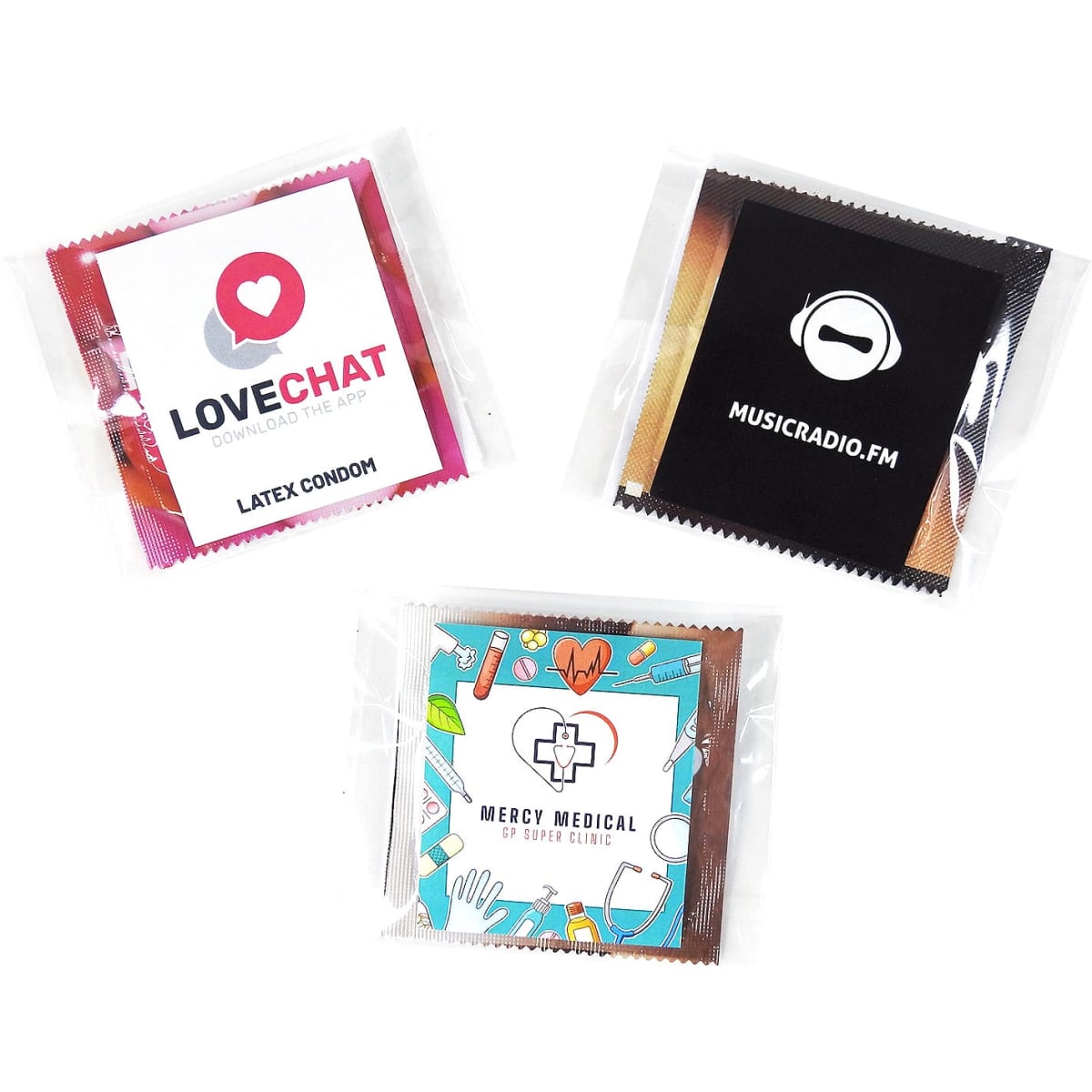 A pack containing three individually wrapped condoms with various branding designs and colours.