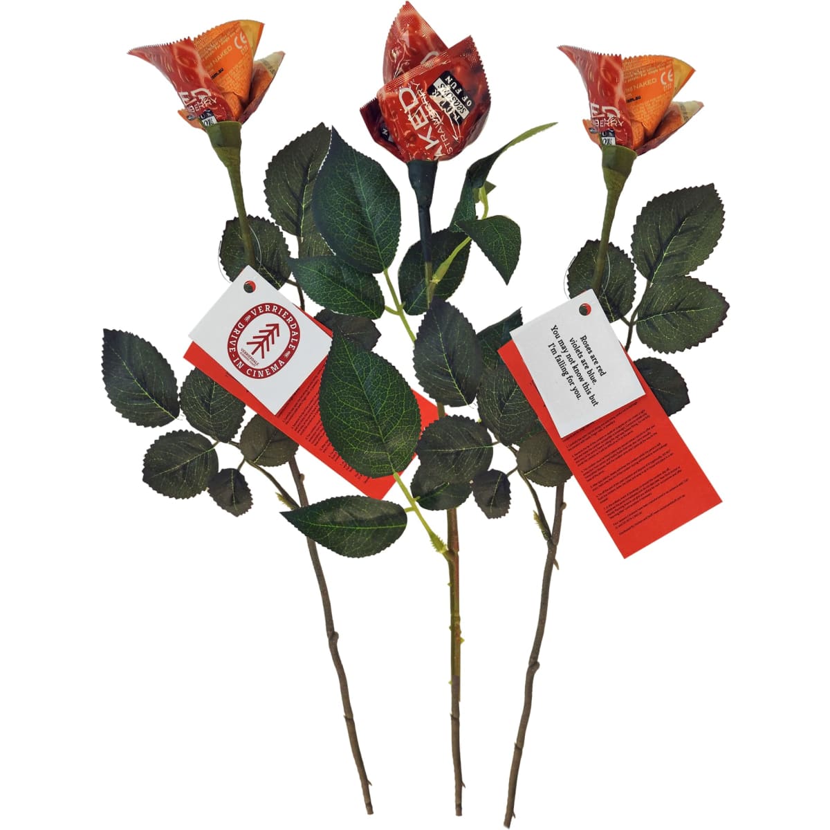 Three rose-shaped items in orange, with green leaves and stems, accompanied by tags.
