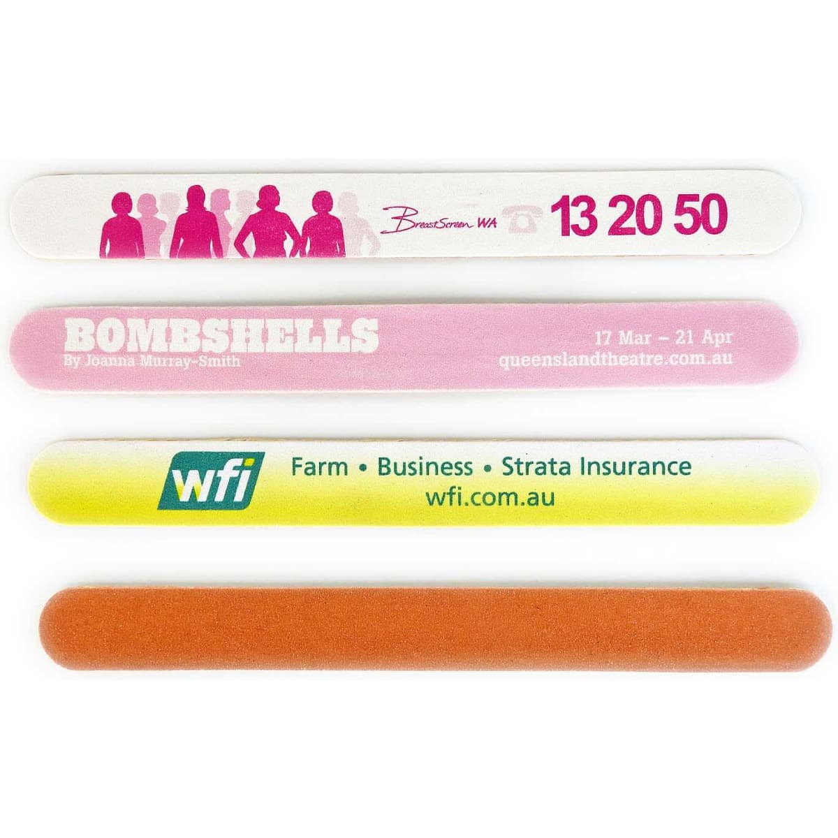 A set of four large emery boards in pink, white, and orange, featuring various printed designs and logos.