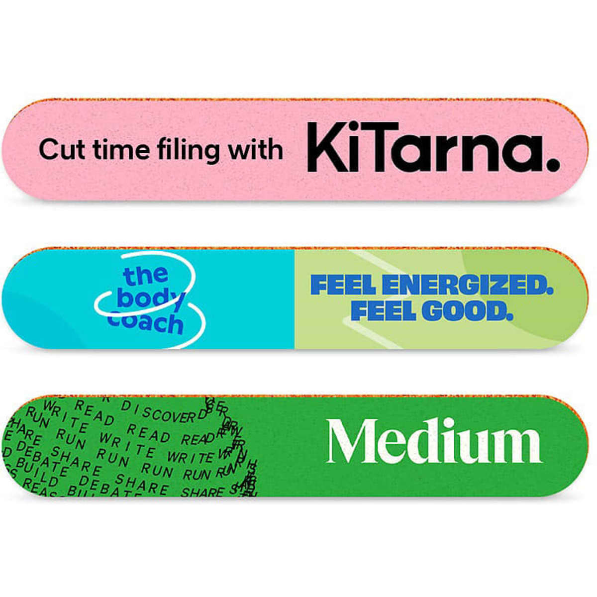 A set of three mini emery boards in pink, green, and light green, featuring branding and text.