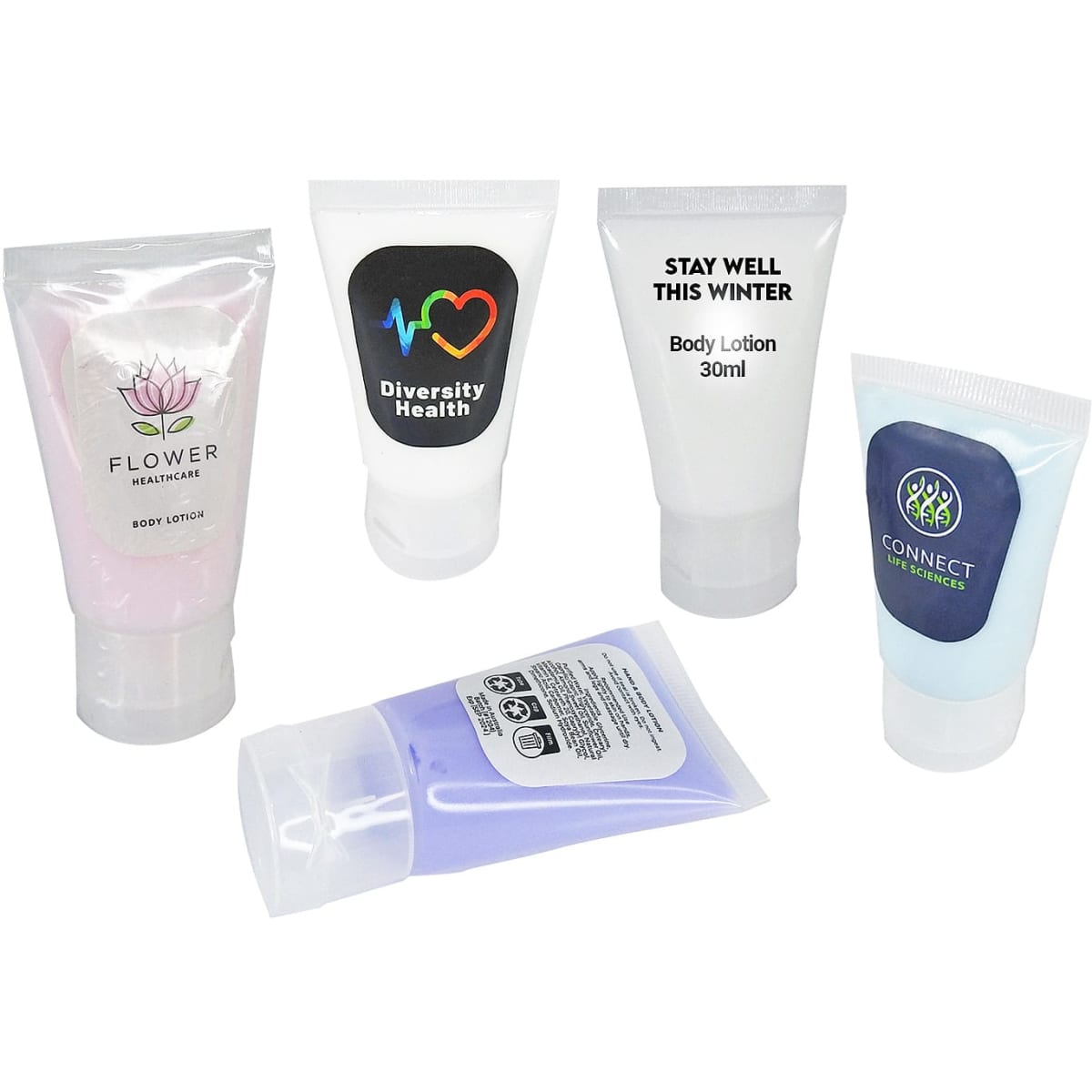 A collection of five 30ml lotion tubes in various pastel colours, each with a different design and logo.