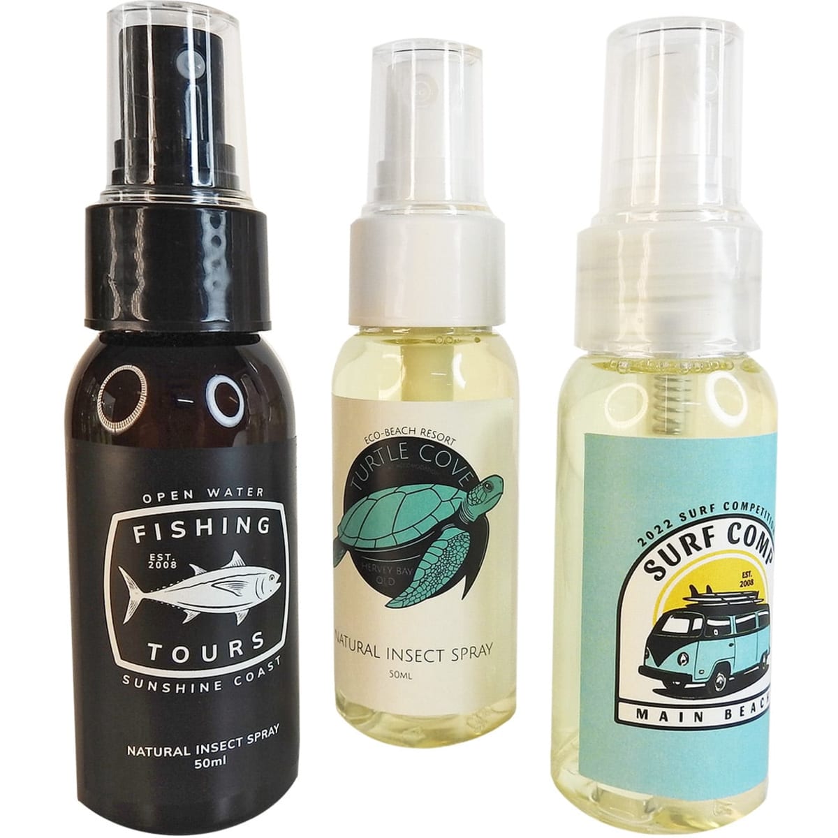 Three insect spray bottles in various designs: one black, one clear with a logo, and another clear with colourful graphics.