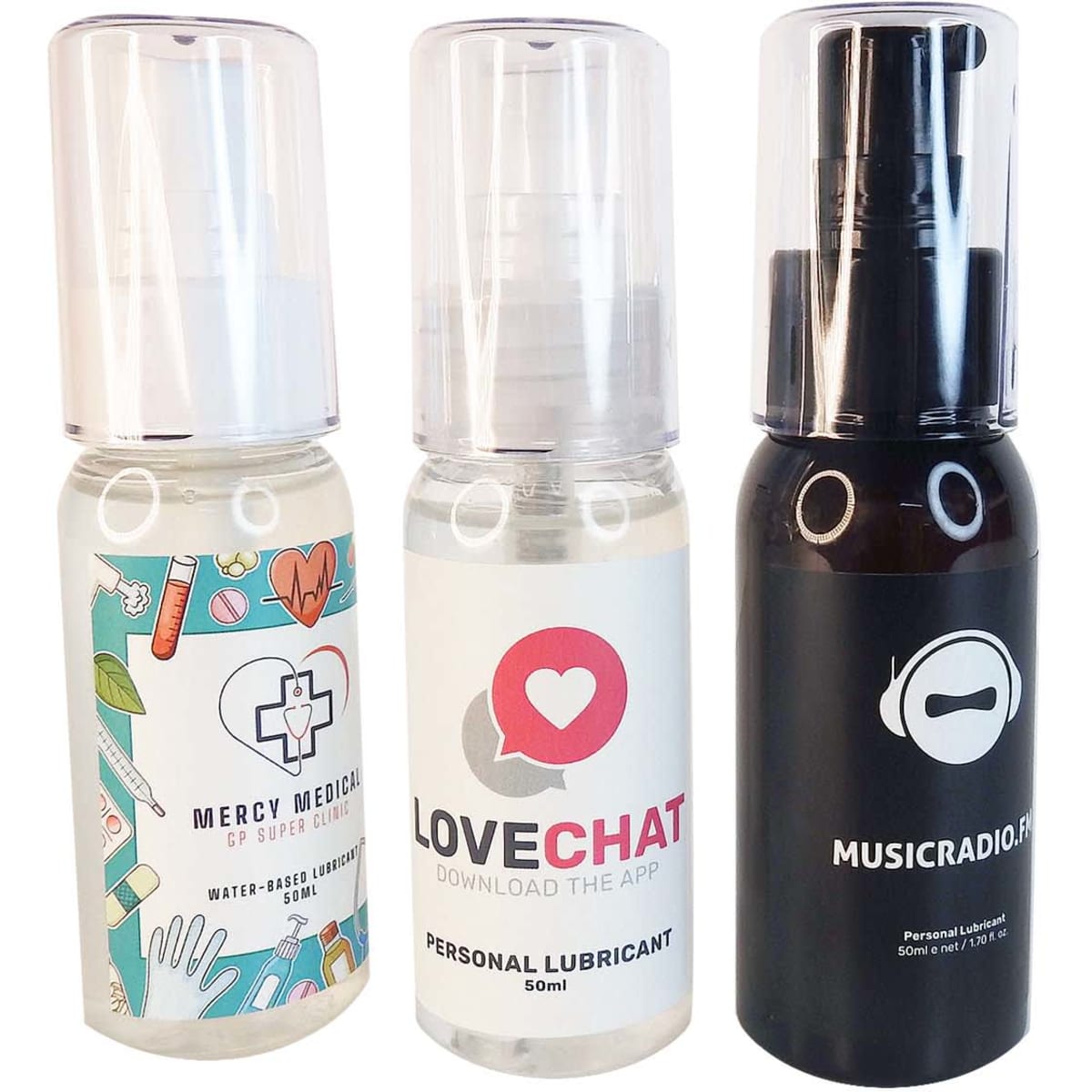 Three bottles of personal lubricant in clear and black, featuring different designs and a logo on each.