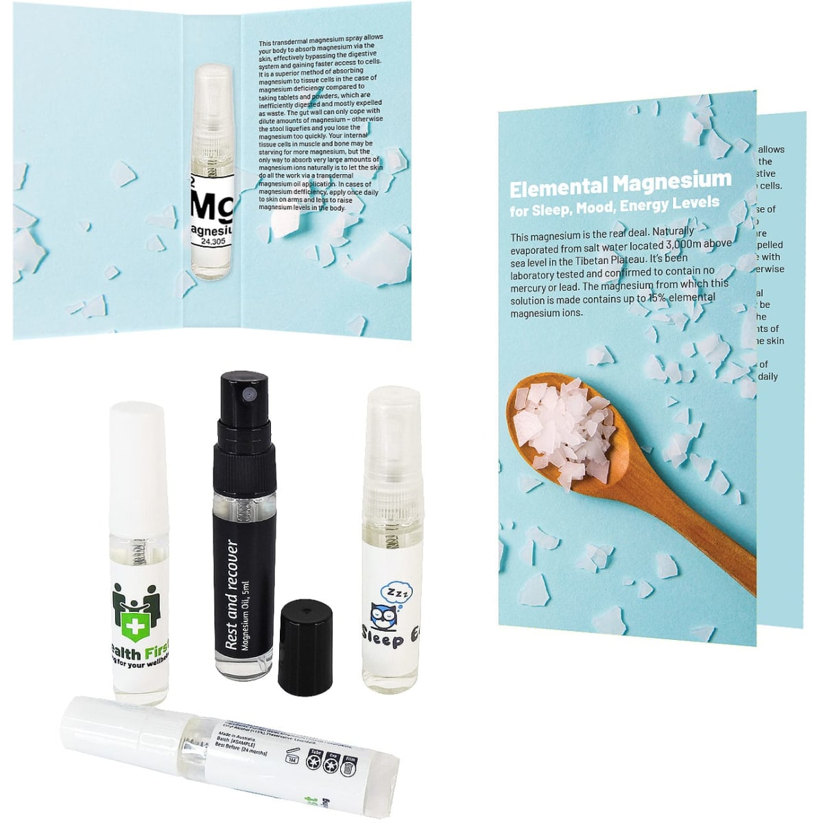 A 5ml spray bottle for Magnesium Oil in clear with a white cap, alongside a folded information card and other spray bottles.
