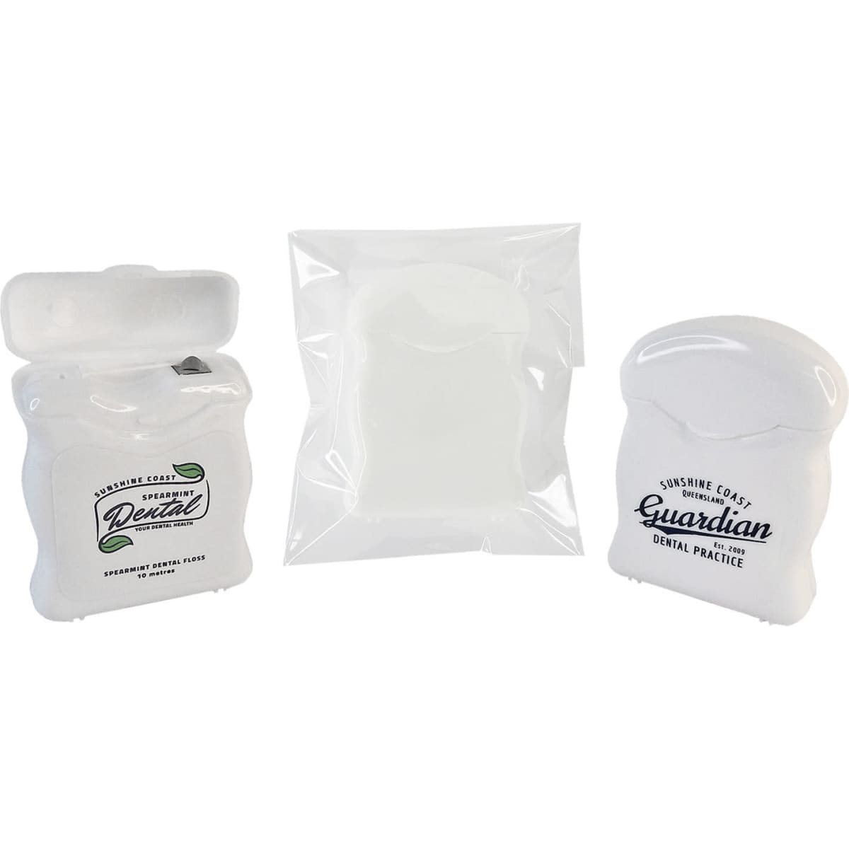 A pack of white dental floss containers, featuring a simple design and a logo. One container is slightly open.