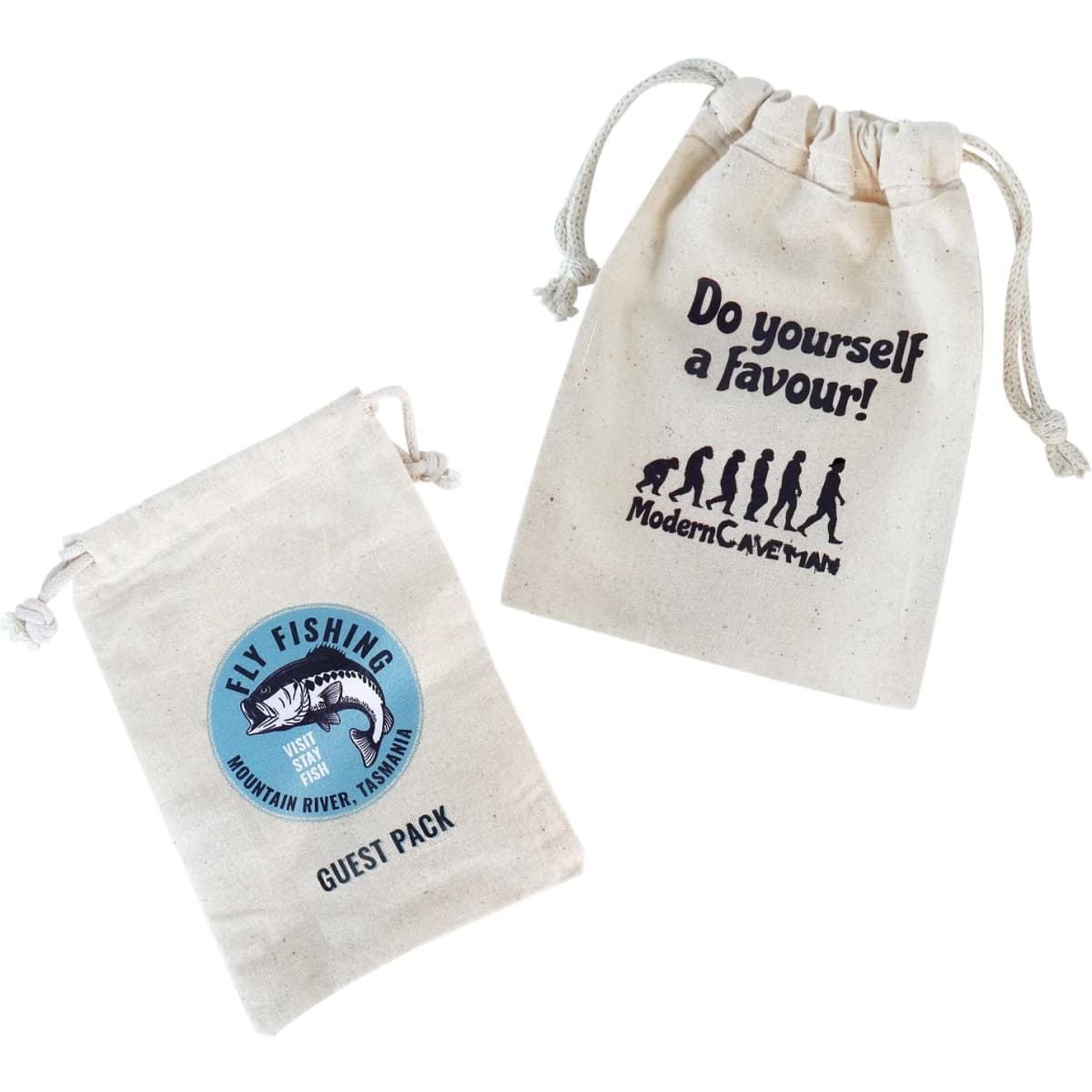 Two small drawstring bags in natural fabric; one features a logo, the other has printed text.