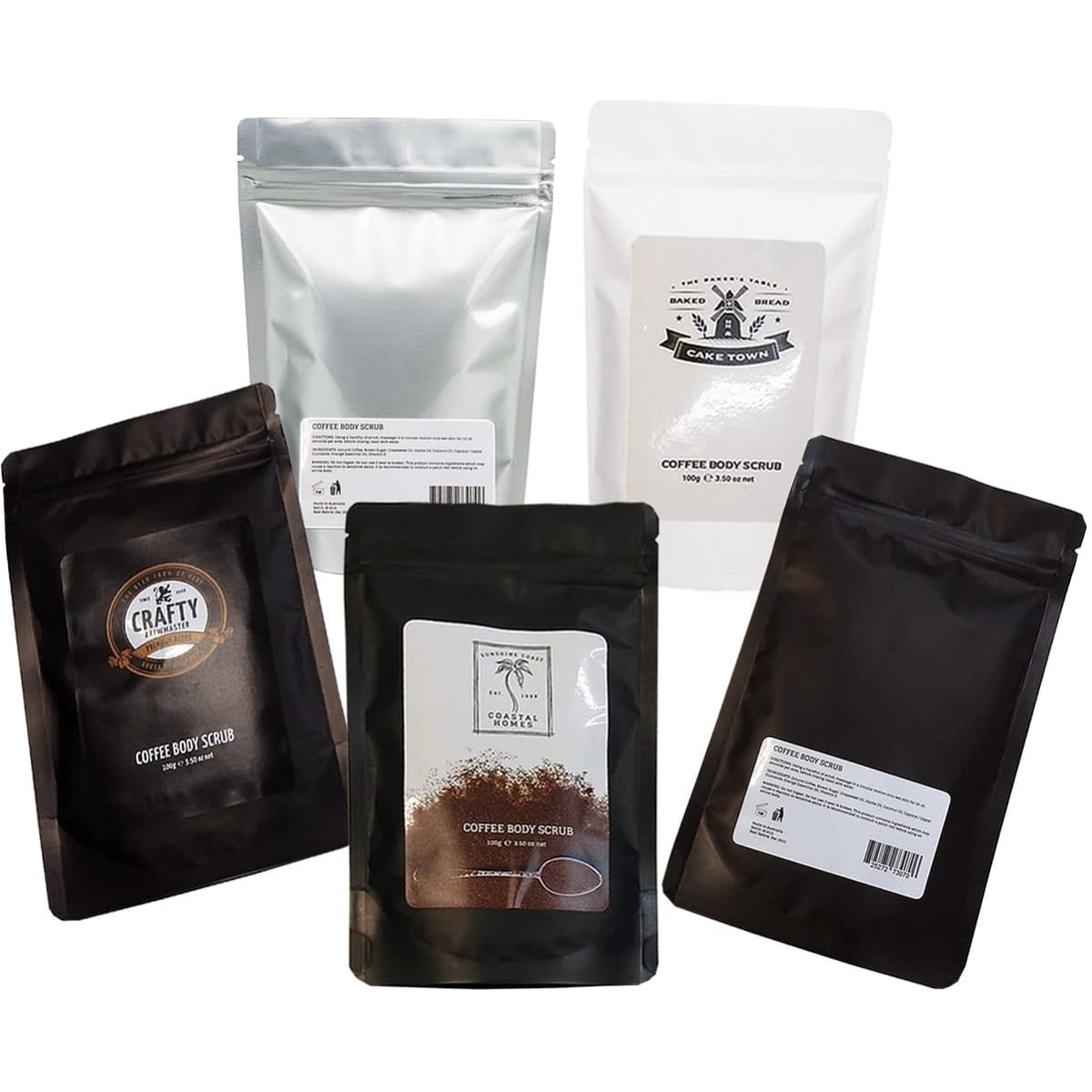 Five different packets of coffee scrub in various colours, including black, silver, and white, featuring logos and branding.