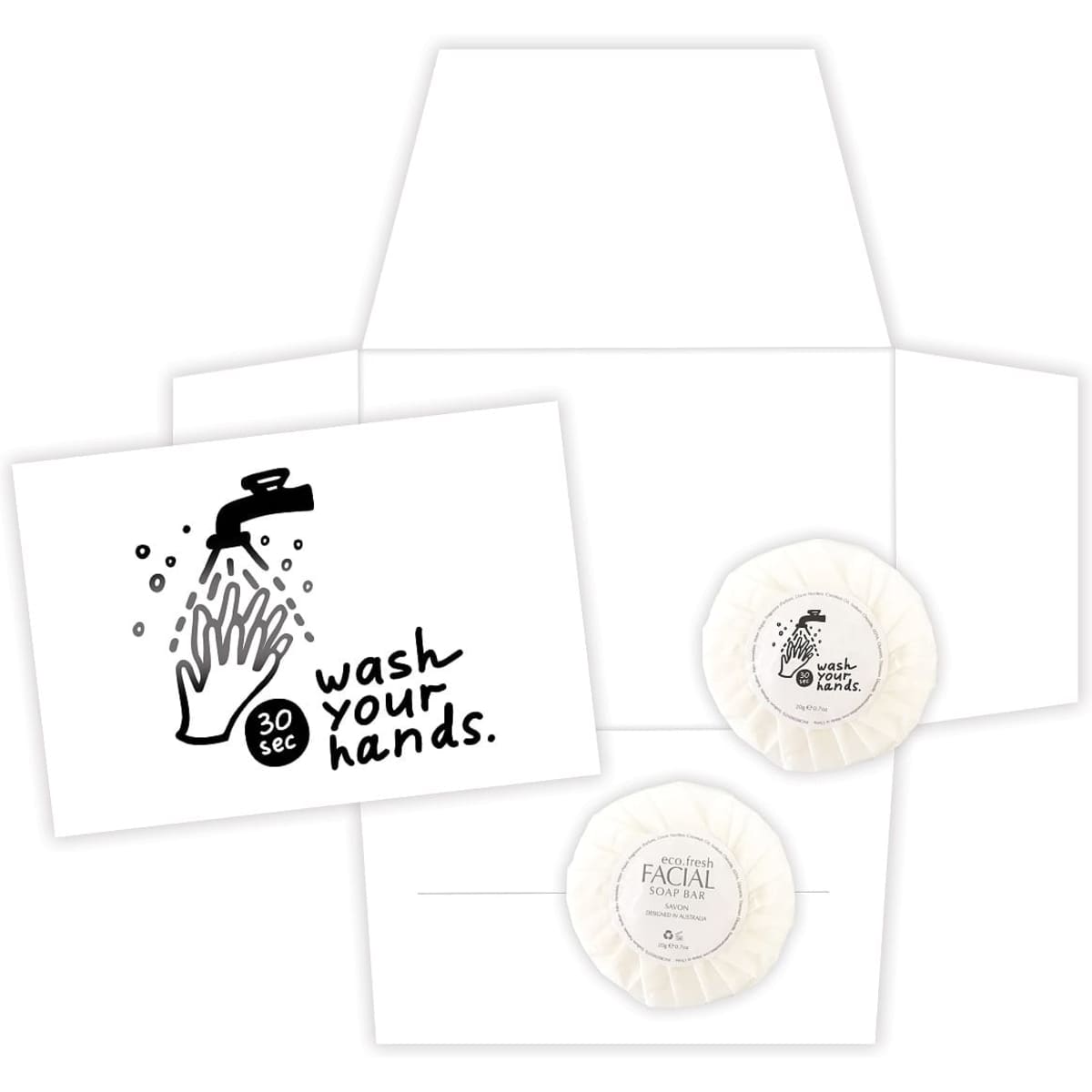 A white box containing two soap cards and an illustrated card encouraging hand washing.