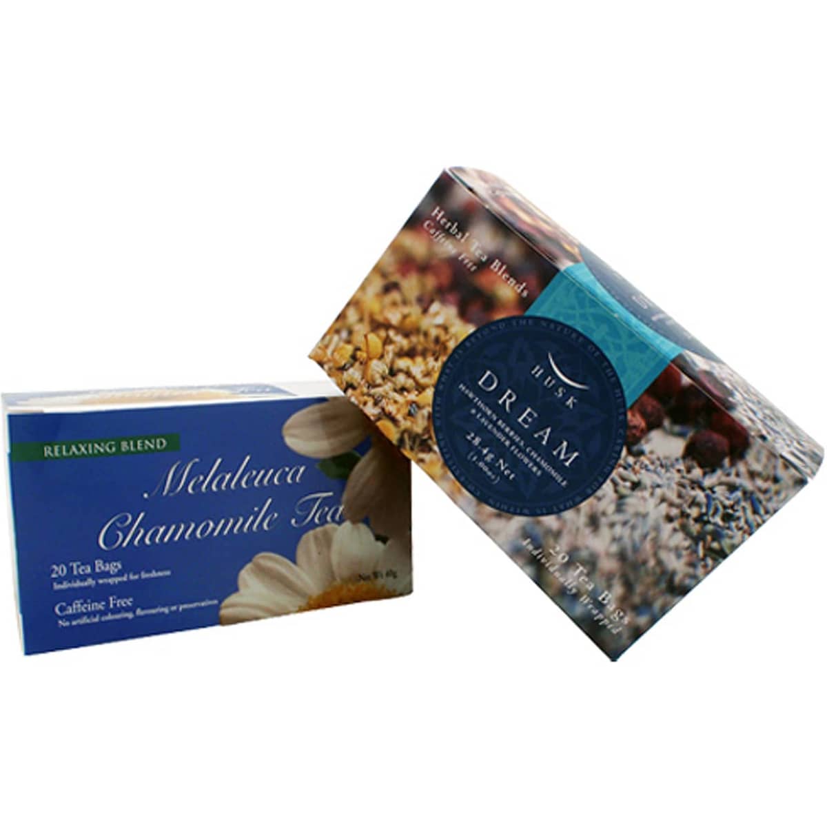 Two tea boxes in blue and brown packaging, containing tea bags, with one box featuring a logo.