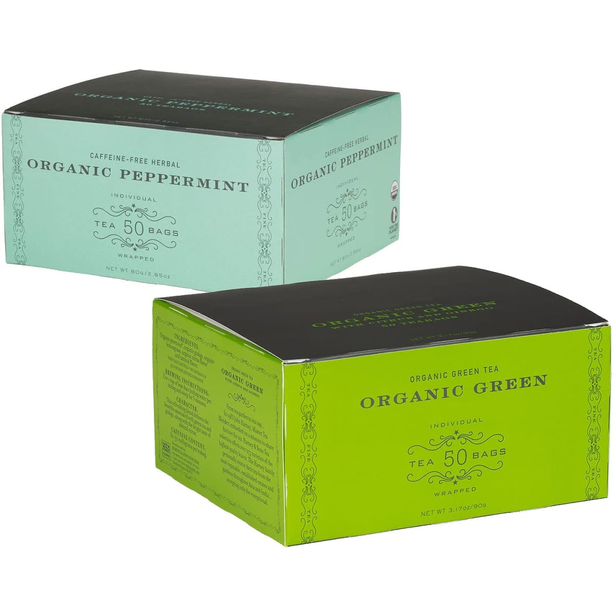 A tea box set featuring two flavours: organic peppermint in mint green and organic green tea in vibrant green, both with branding.