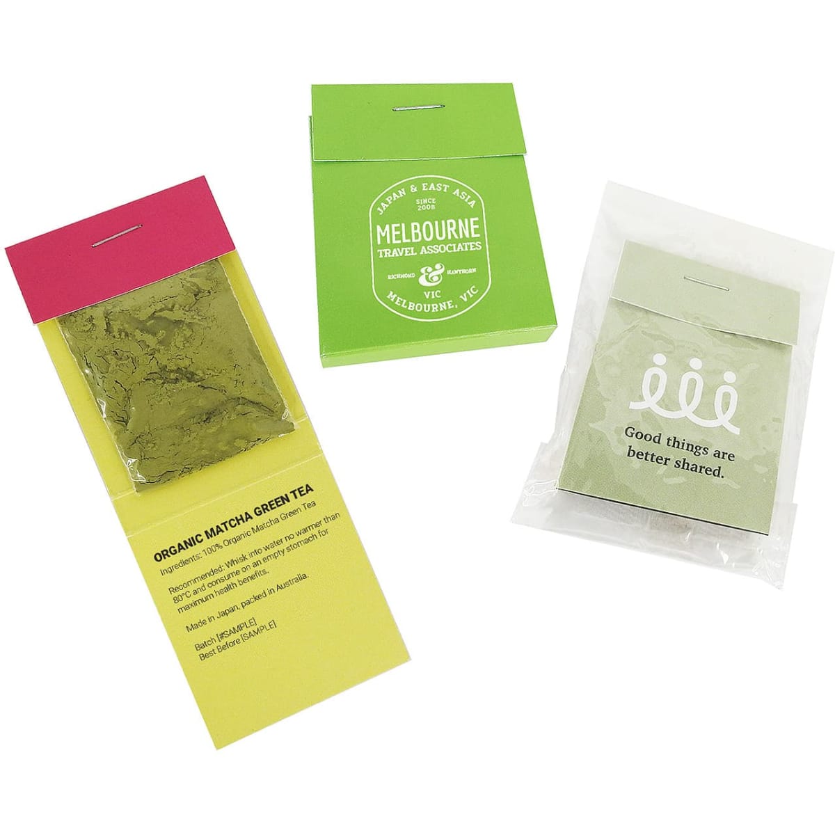 Three packaging pouches of Organic Matcha Green Tea, featuring green, pink, and yellow colours, with branding on each.