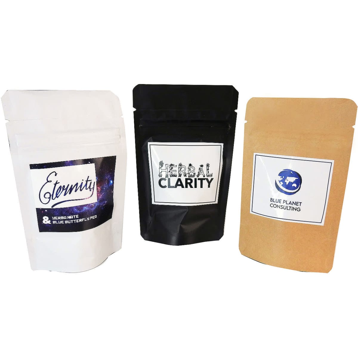 Three stand-up pouches in white, black, and brown, designed for loose leaf tea packaging, featuring varying labels.