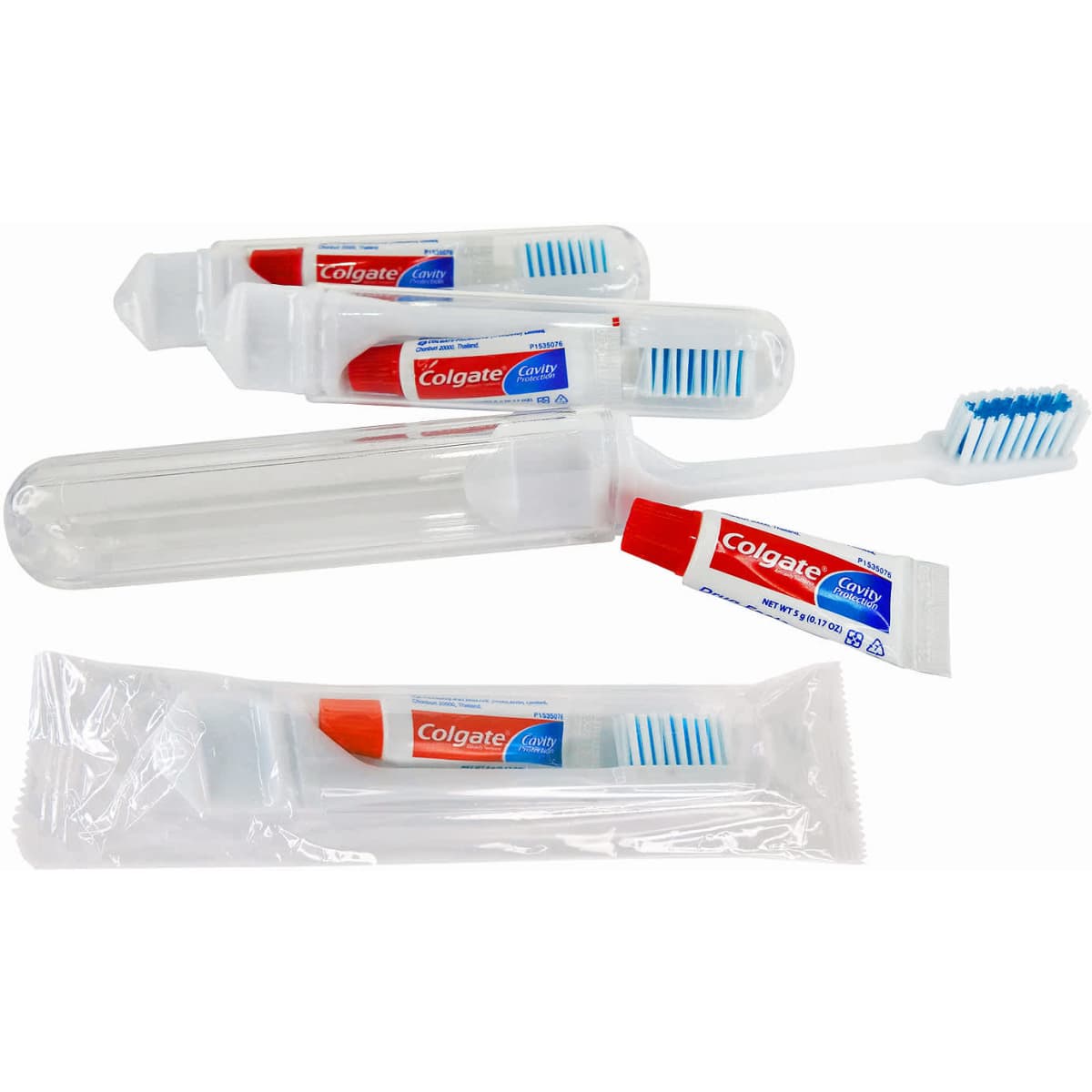 A travel toothbrush with a translucent case, featuring a red and white toothpaste tube and a toothbrush with blue bristles.