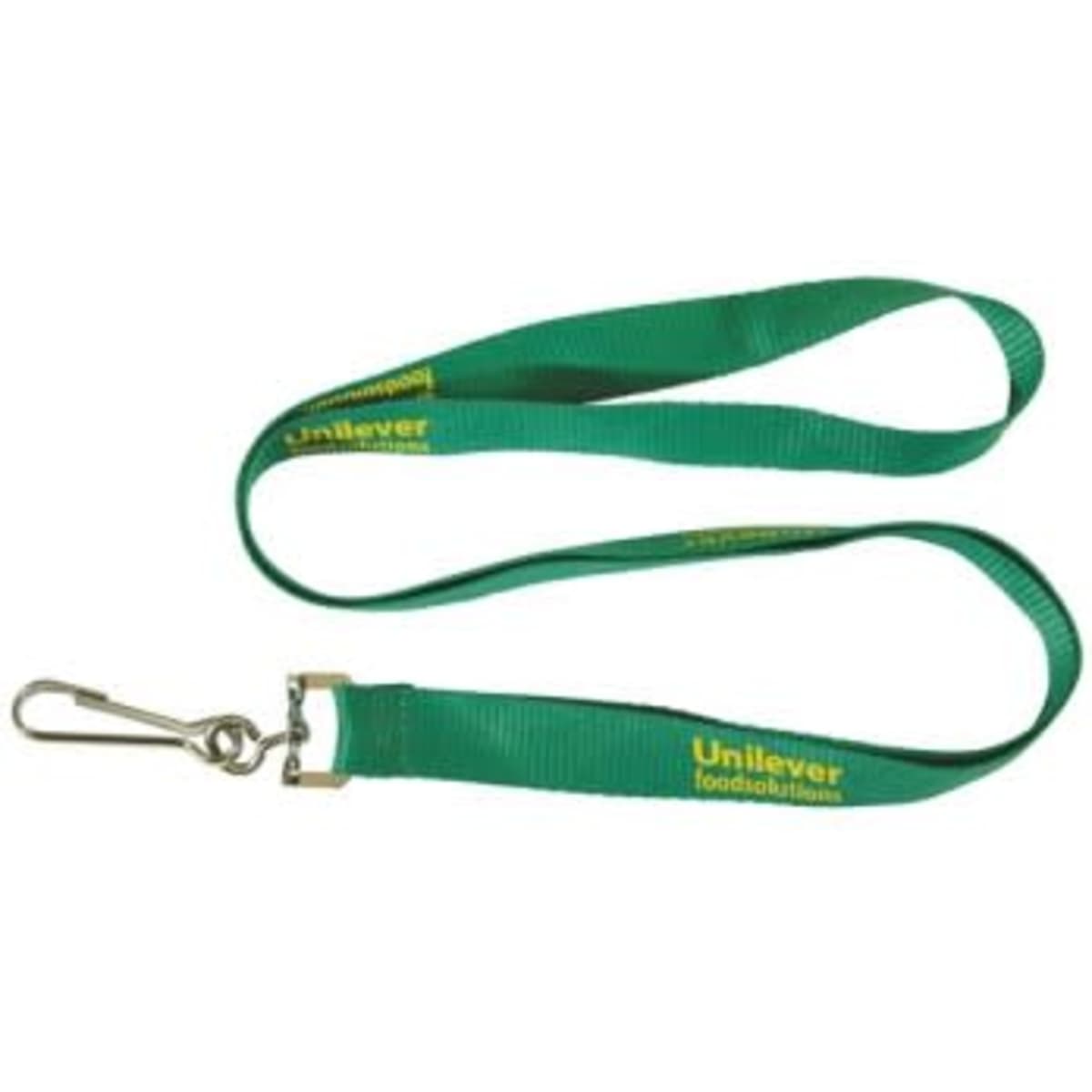 A green flat polyester lanyard, 15mm wide, with a metal clip and branding.