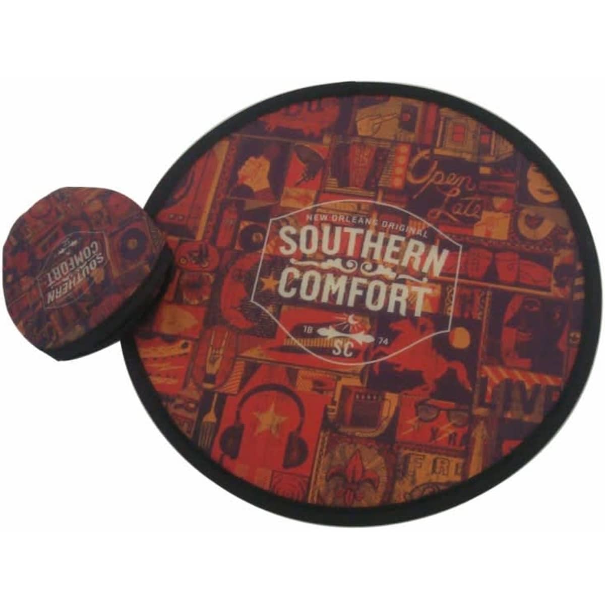 A round, multicoloured promotional foldable flyer features a vibrant design and a logo. It includes a smaller, matching circular piece.
