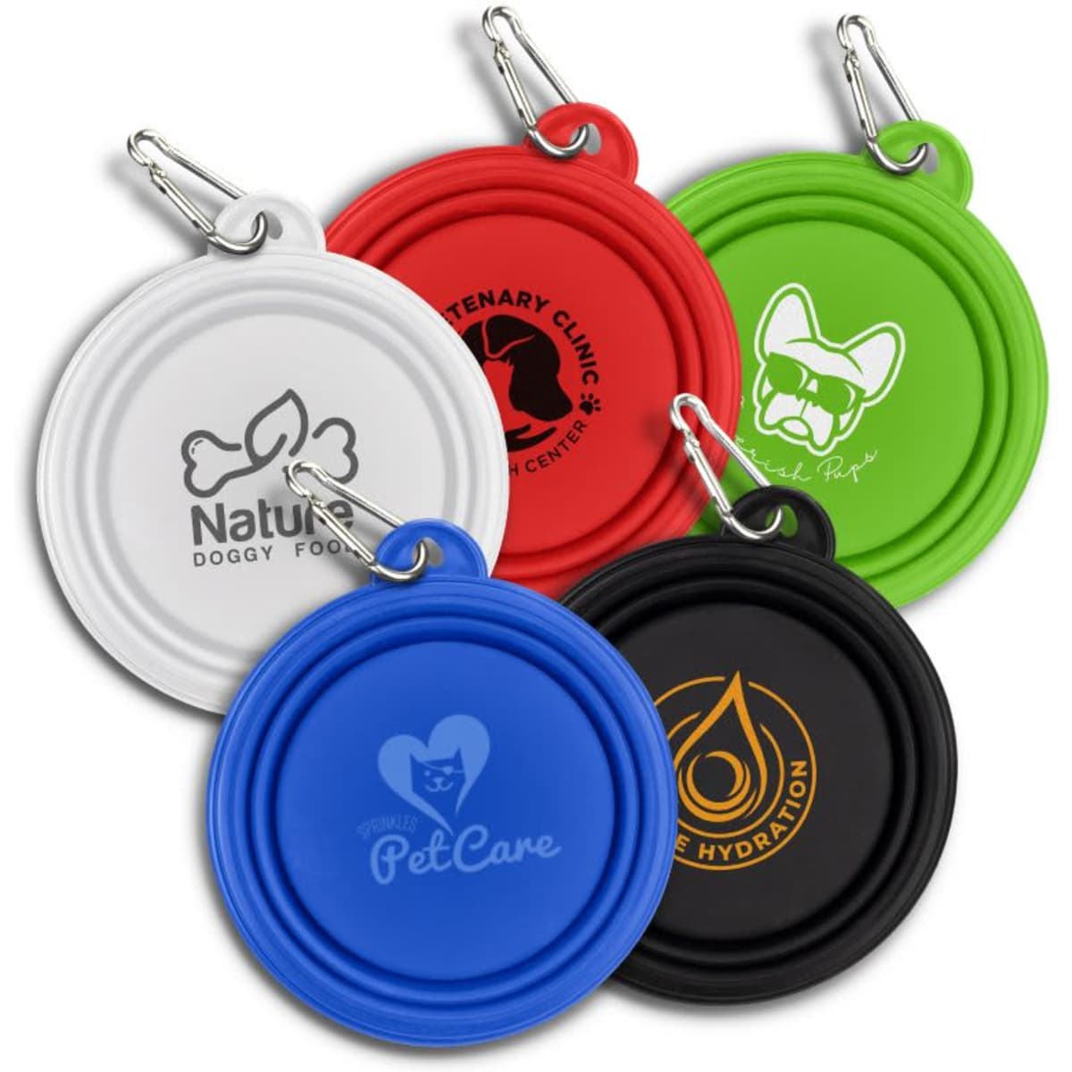 A set of five collapsible silicone pet bowls in blue, red, green, black, and white, featuring various logos.