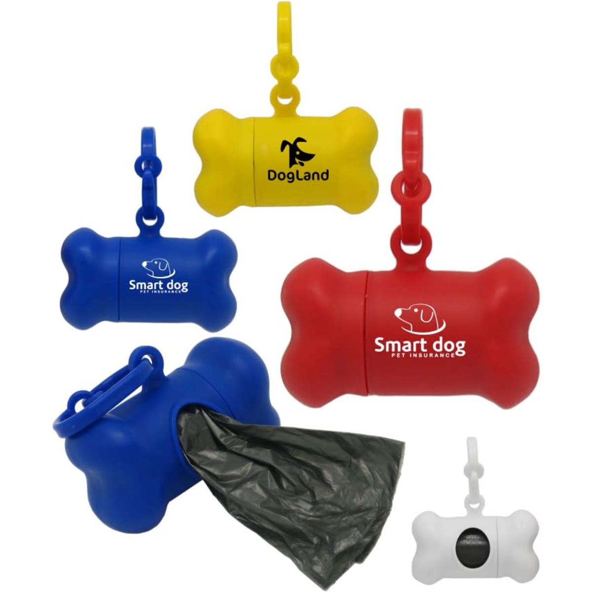A set of four dog bone shape waste bag dispensers in blue, red, yellow, and white, featuring logos.