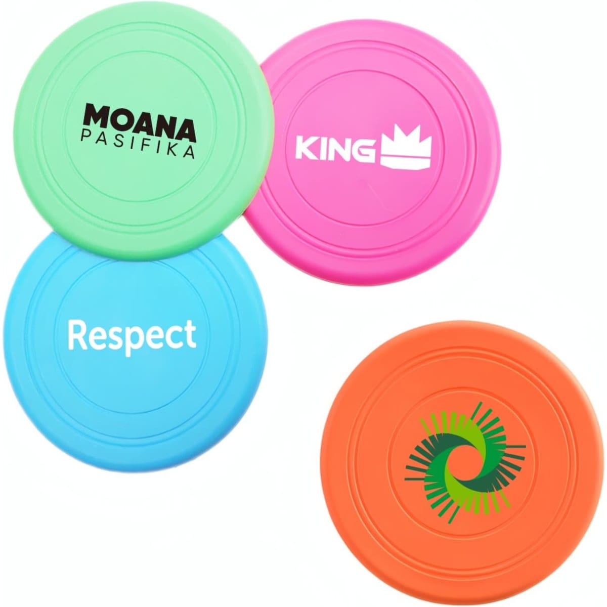 Four silicone flyers in vibrant colours: orange, pink, blue, and green, each featuring a logo or text.