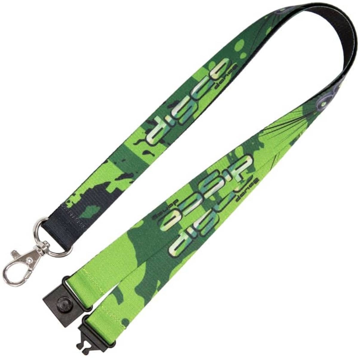 A green and black patterned lanyard featuring a clip and branding. Suitable for holding ID cards or keys.