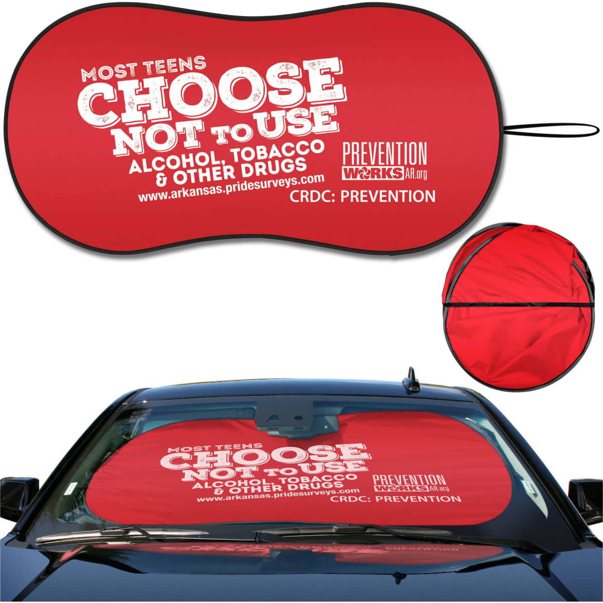 A red auto car sunshade with a black edge and a logo, designed for vehicle use. It features promotional messaging.