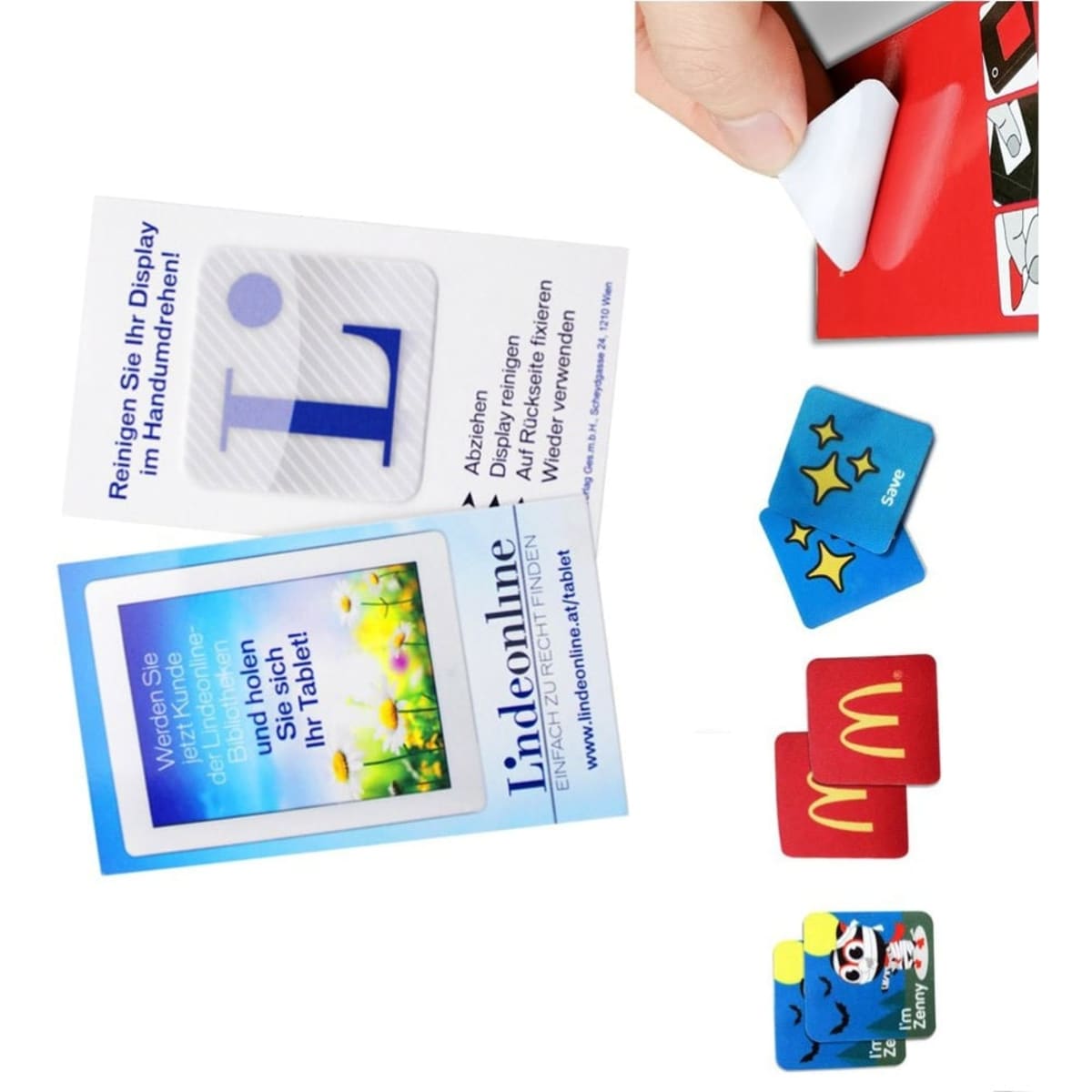A pack of colourful microfibre cleaning cloths with various designs, including a star and character motifs.