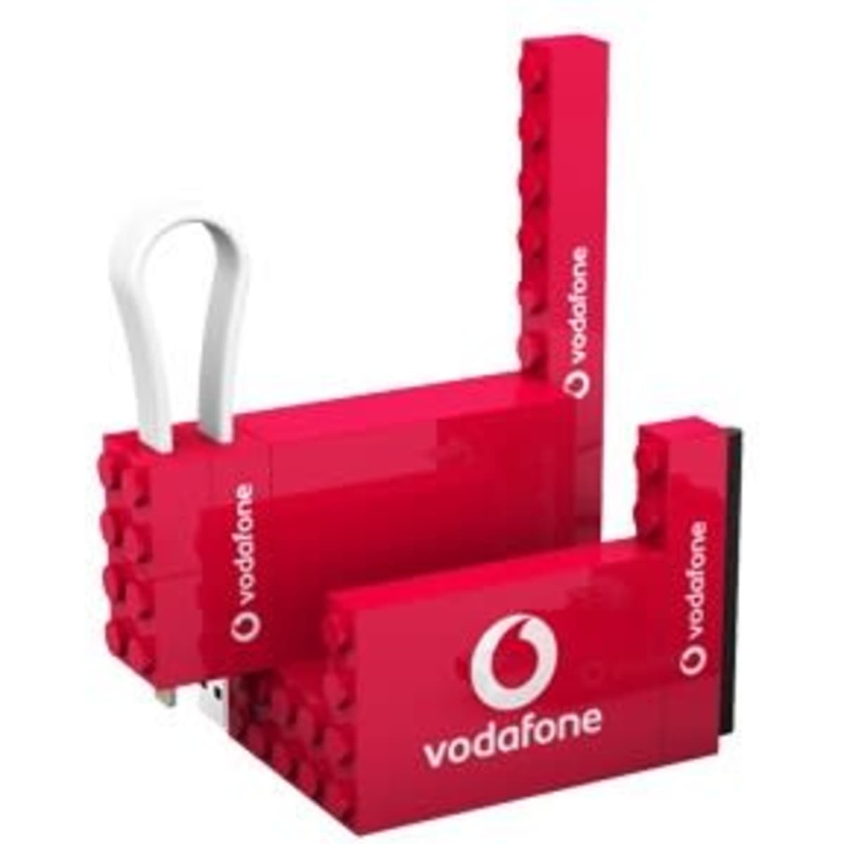 A red 4 in 1 cable set with a built-in phone stand, featuring logos and multiple connection options.