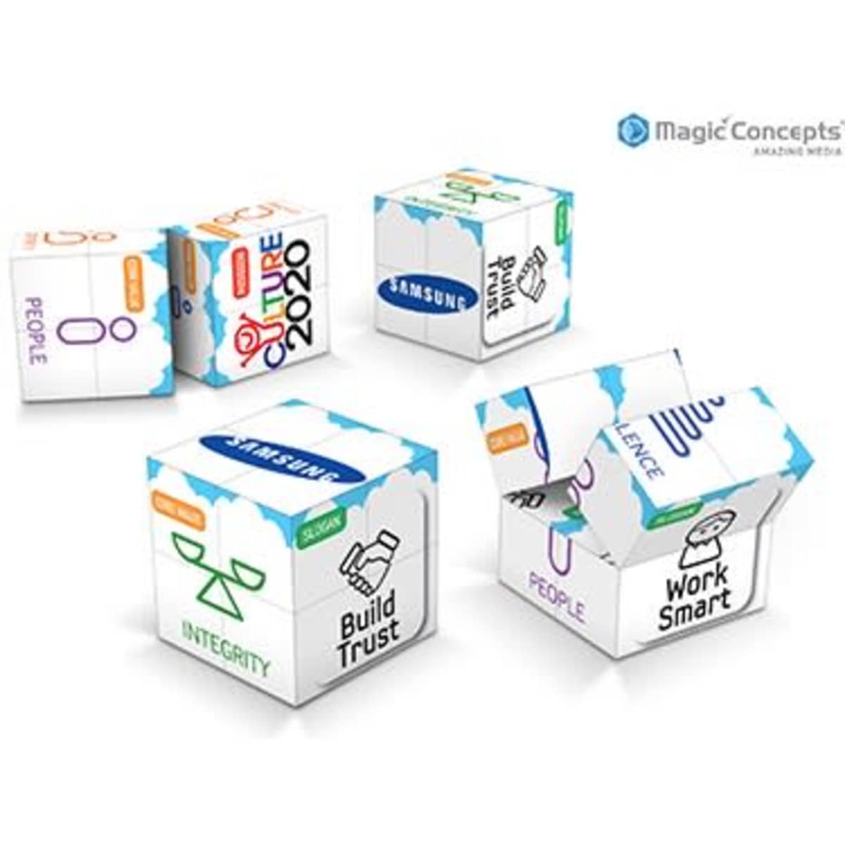 A set of five 5cm promotional cubes in various colours, featuring different designs and a logo.